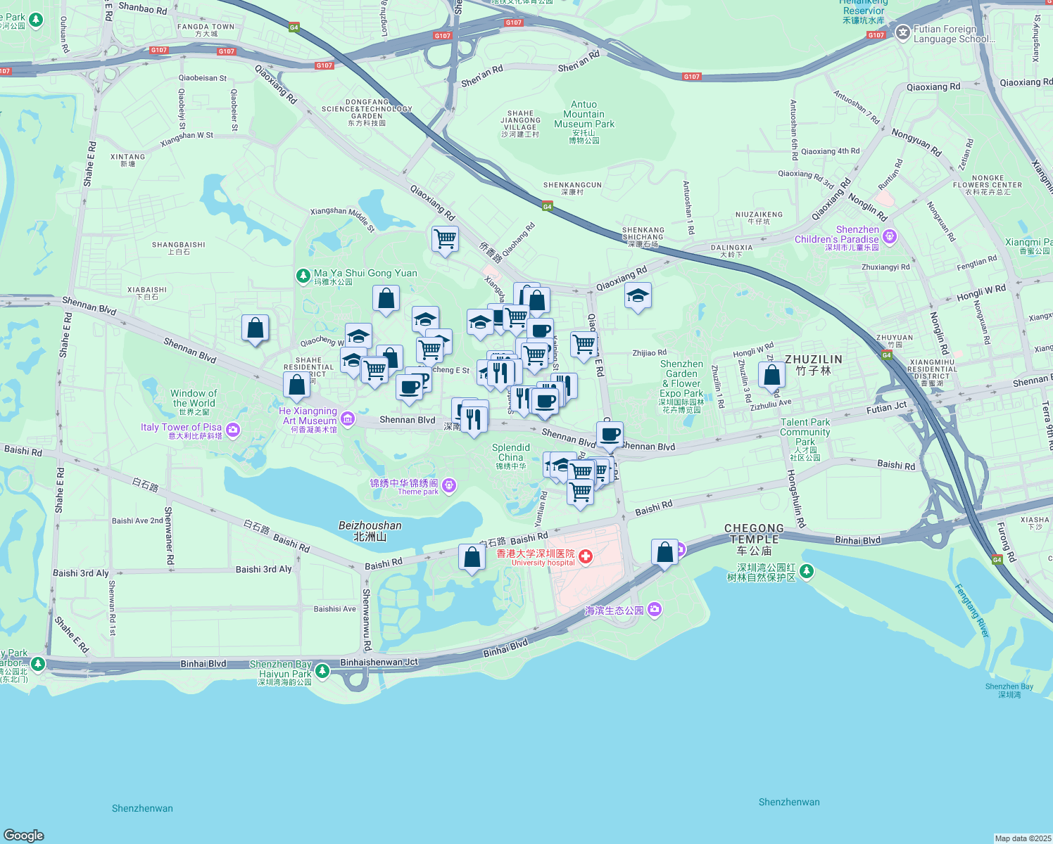 map of restaurants, bars, coffee shops, grocery stores, and more near Shen Nan Da Dao in Shen Zhen Shi