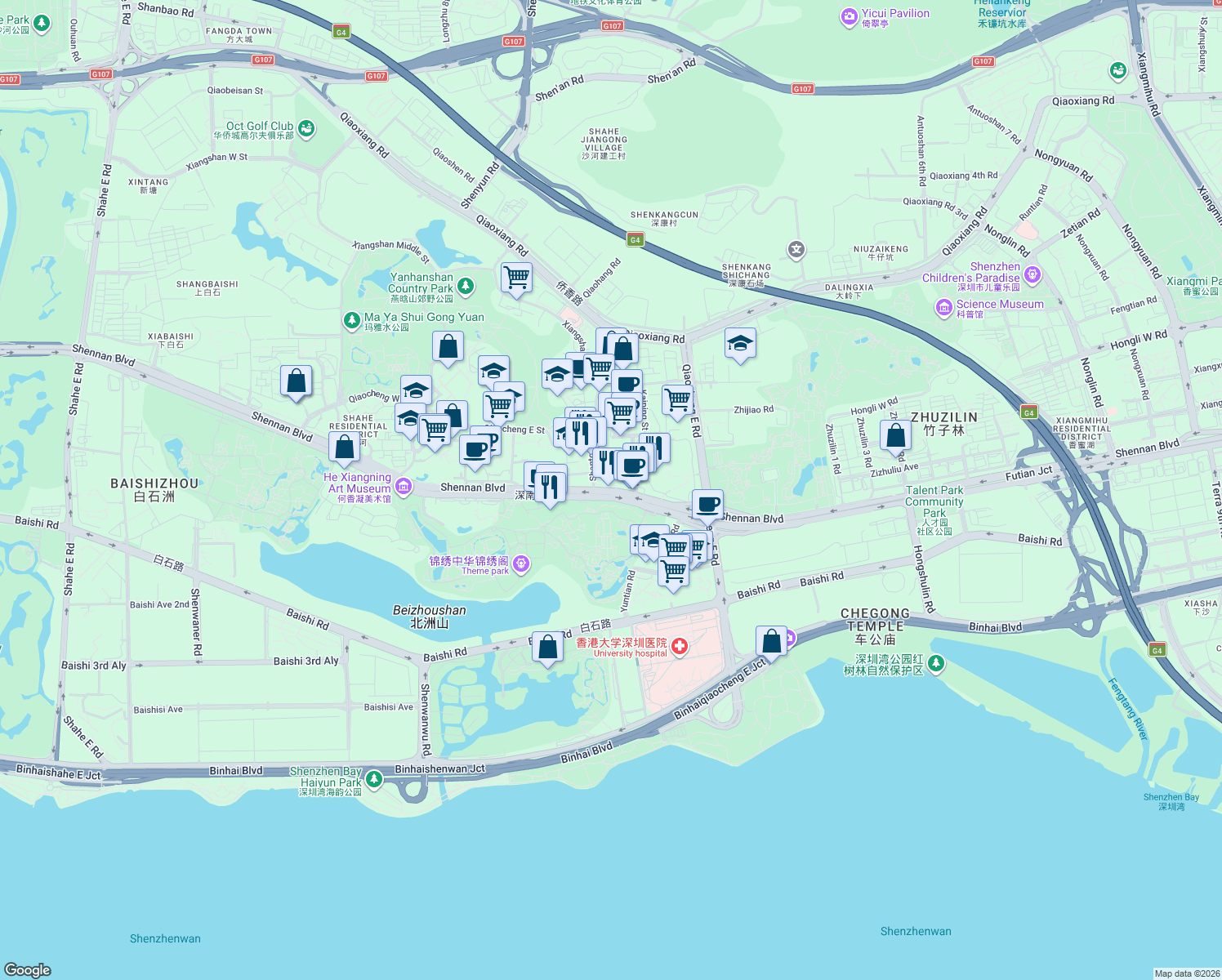 map of restaurants, bars, coffee shops, grocery stores, and more near Shen Nan Da Dao in Shen Zhen Shi