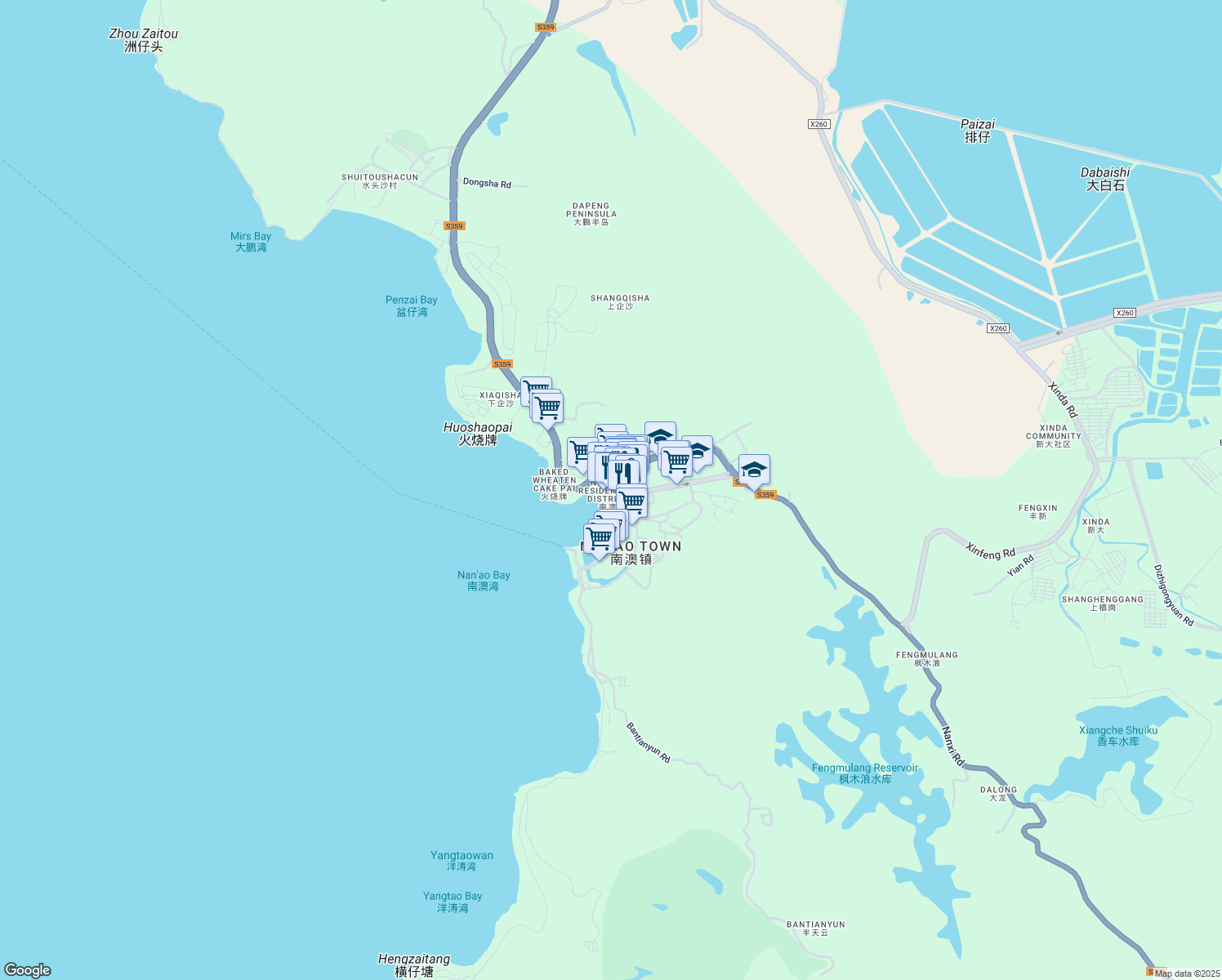 map of restaurants, bars, coffee shops, grocery stores, and more near Nan Ao Jie in Shen Zhen Shi