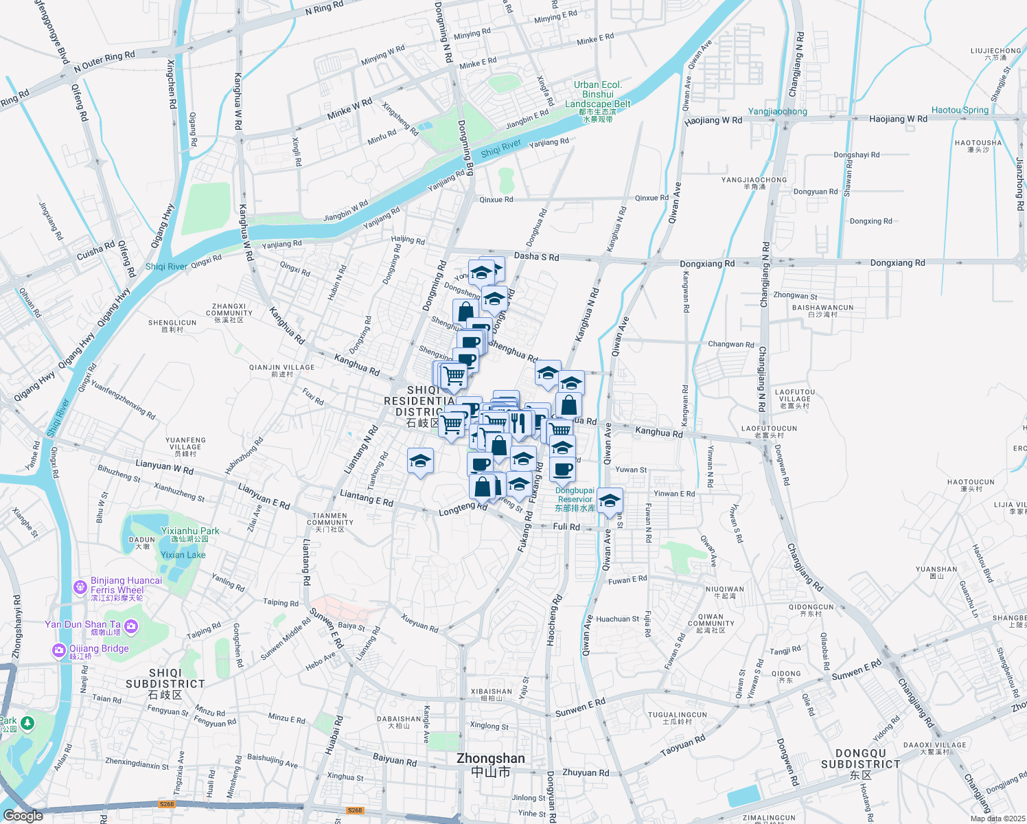 map of restaurants, bars, coffee shops, grocery stores, and more near Kang Hua Lu in Zhong Shan Shi