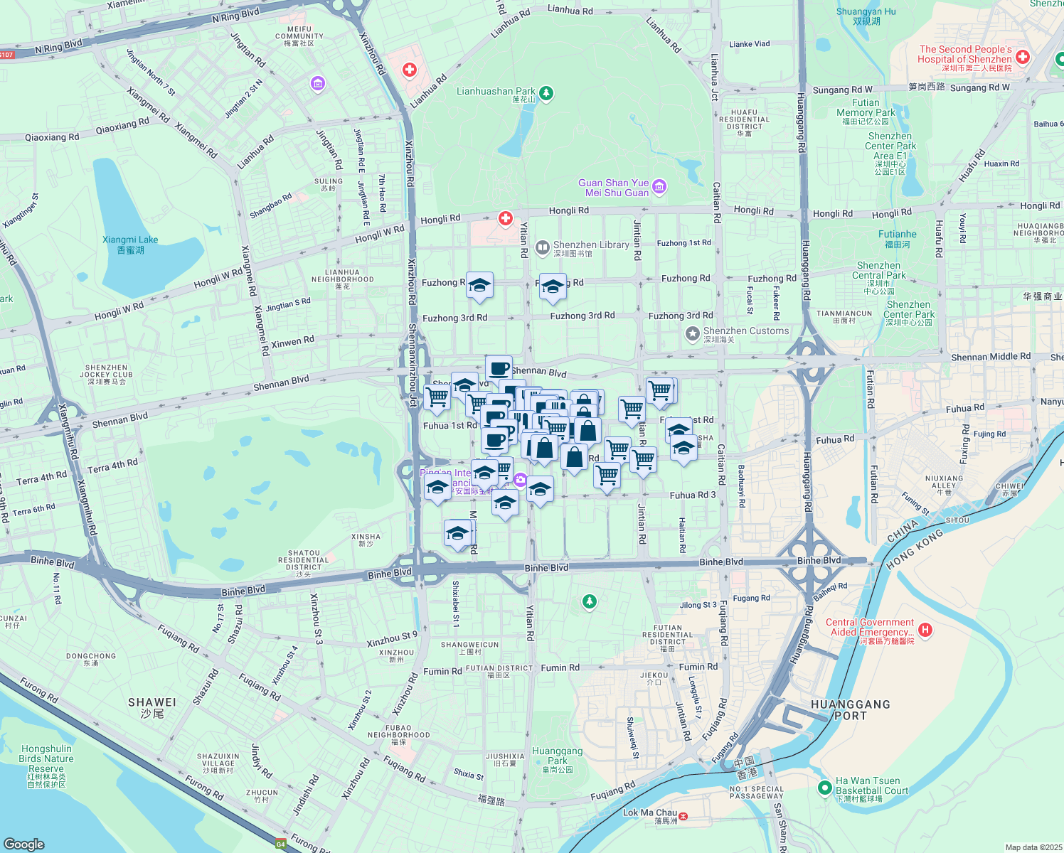 map of restaurants, bars, coffee shops, grocery stores, and more near Fu Hua Yi Lu in Shenzhen Shi