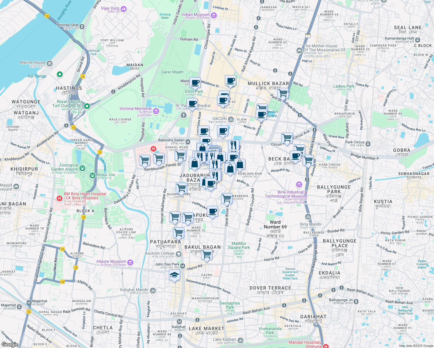 map of restaurants, bars, coffee shops, grocery stores, and more near 2 Allenby Road in Kolkata
