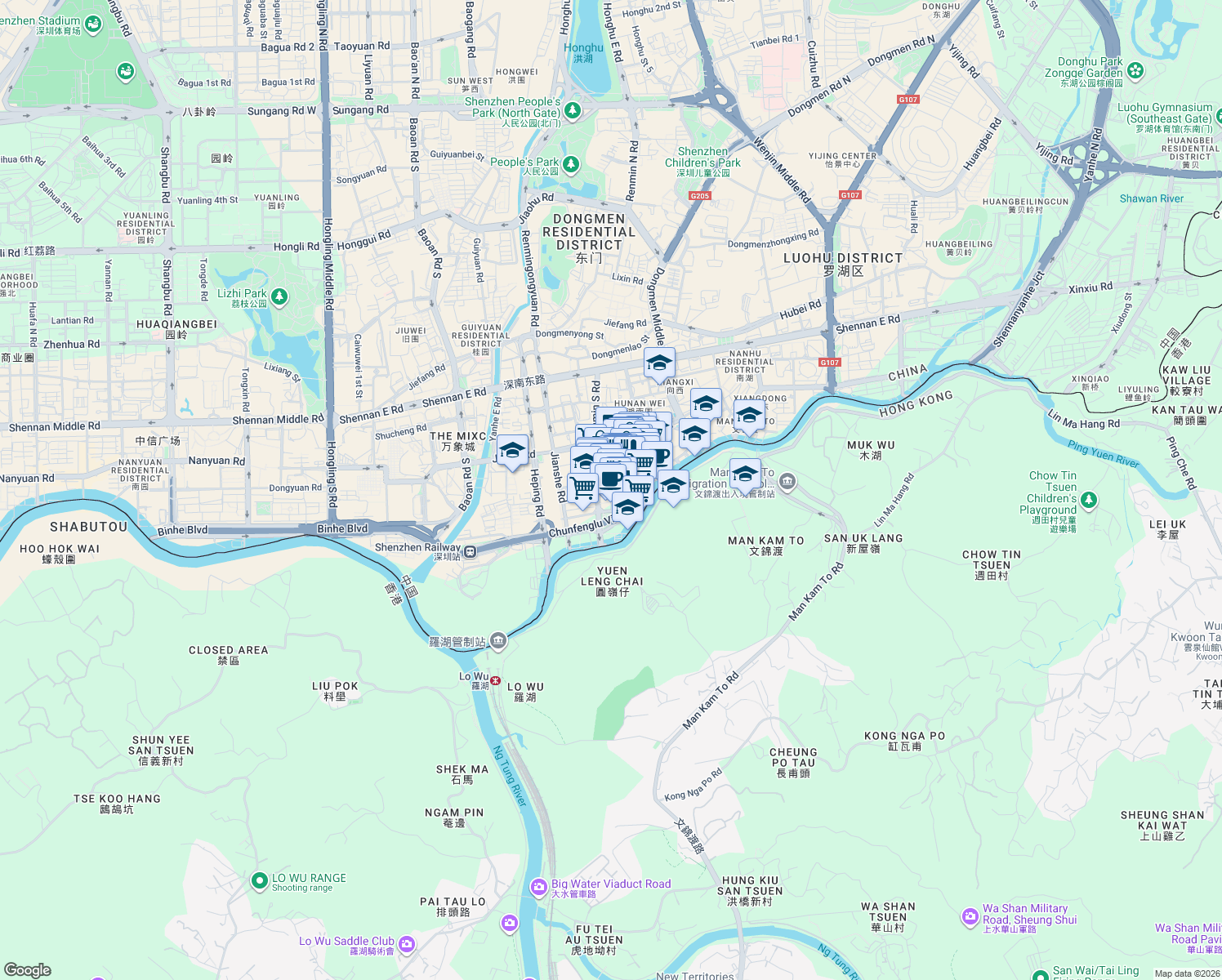 map of restaurants, bars, coffee shops, grocery stores, and more near 2002 Ren Min Nan Lu in Shen Zhen Shi