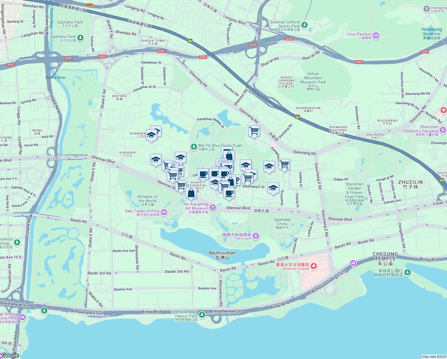 map of restaurants, bars, coffee shops, grocery stores, and more near 8 Qiao Cheng Xi Jie in Shen Zhen Shi