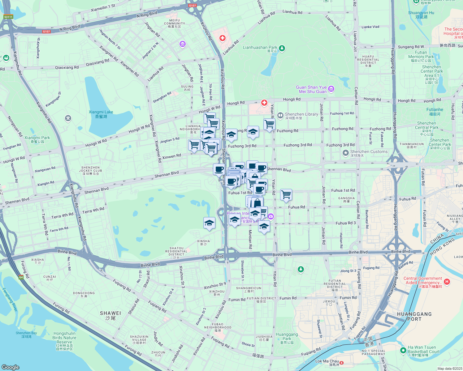 map of restaurants, bars, coffee shops, grocery stores, and more near 138 Fuhua 1st Road in Shenzhen Shi