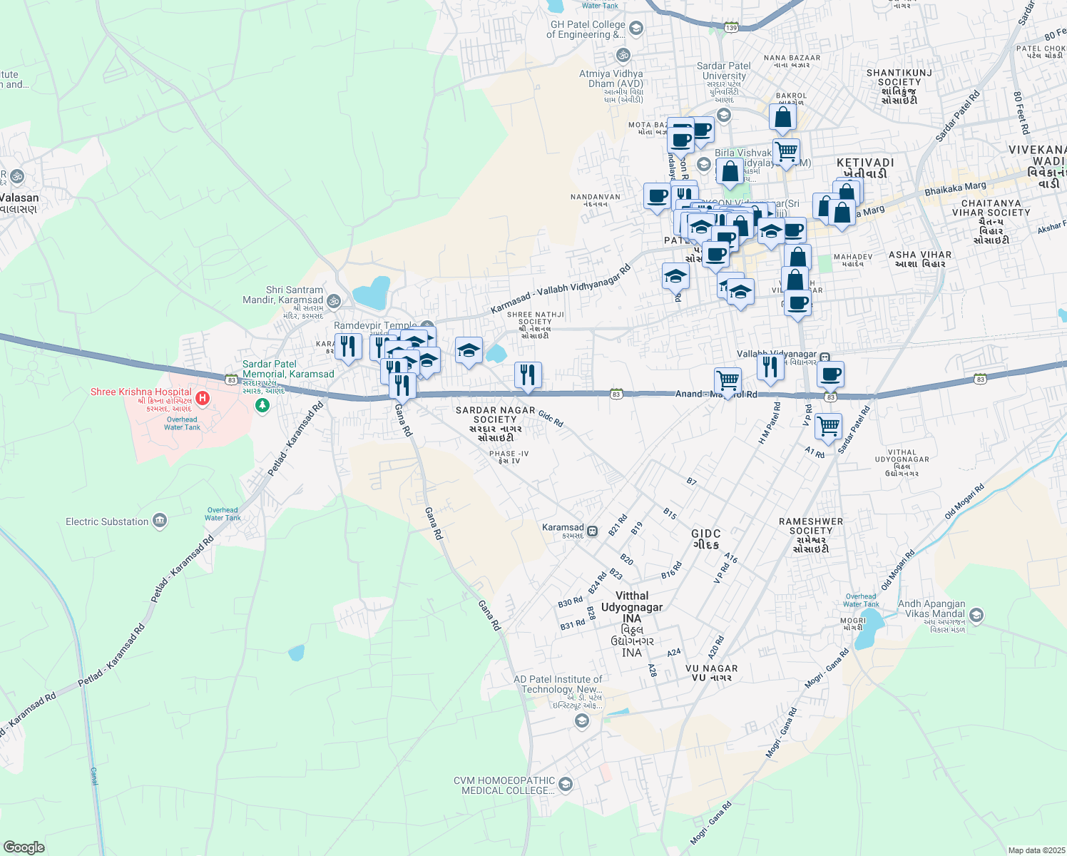 map of restaurants, bars, coffee shops, grocery stores, and more near in Anand