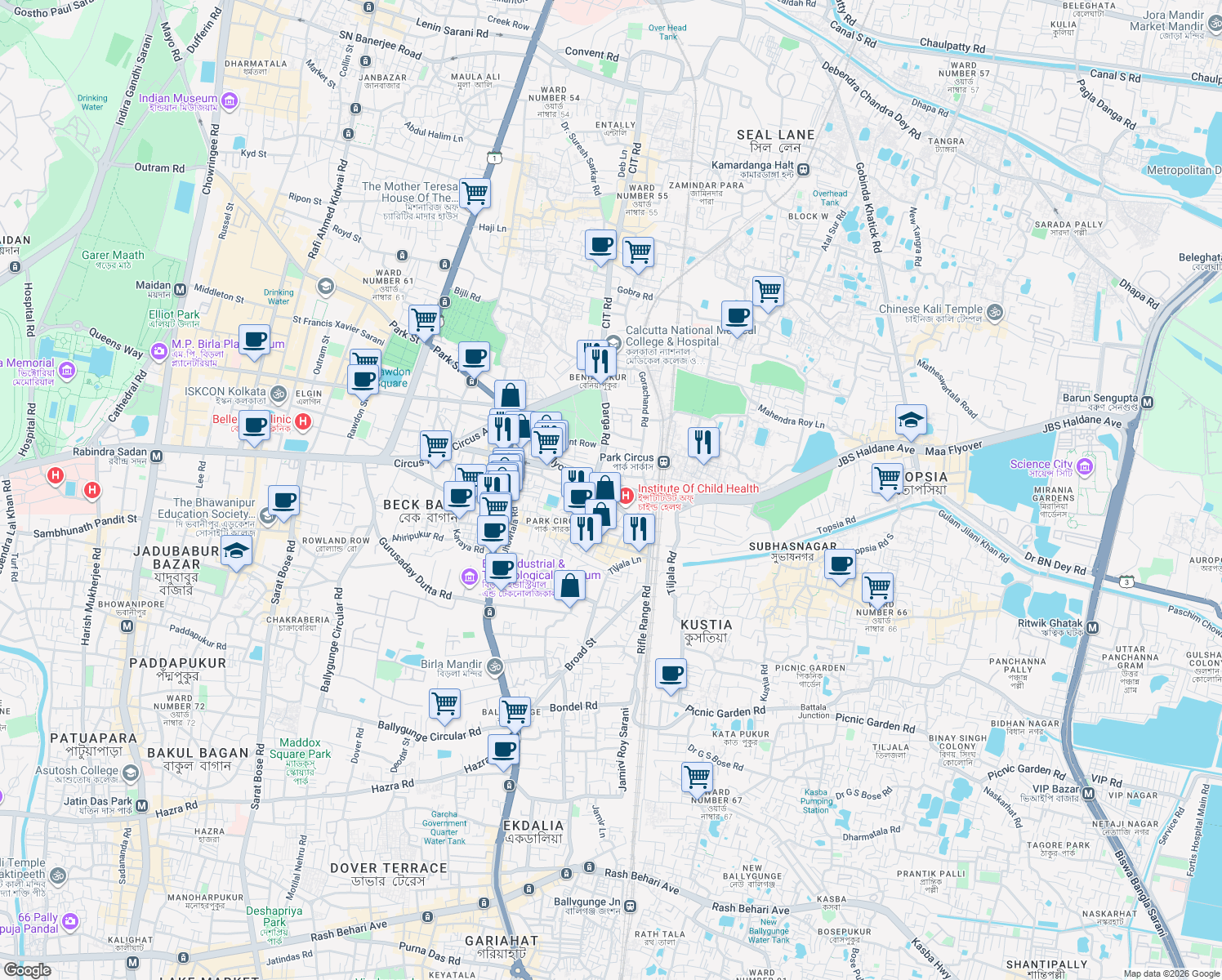 map of restaurants, bars, coffee shops, grocery stores, and more near 25 JBS Haldane Avenue in Kolkata