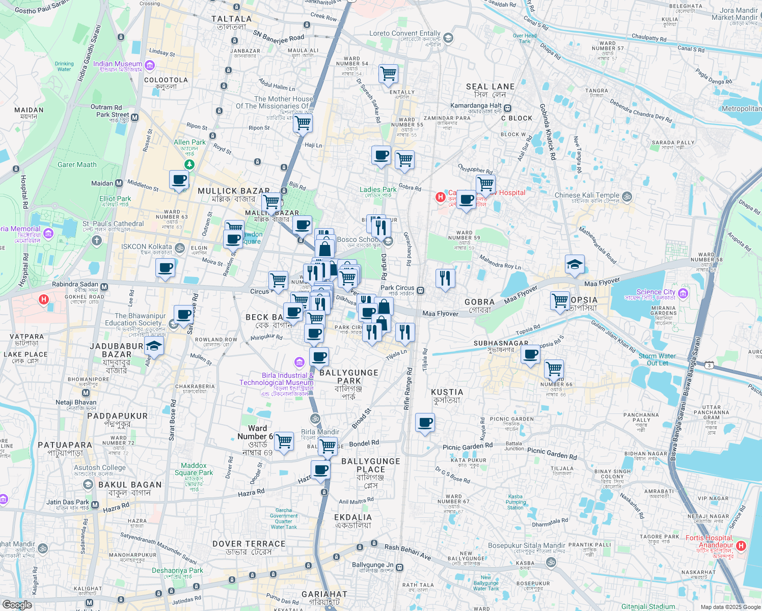 map of restaurants, bars, coffee shops, grocery stores, and more near 1 JBS Haldane Avenue in Kolkata