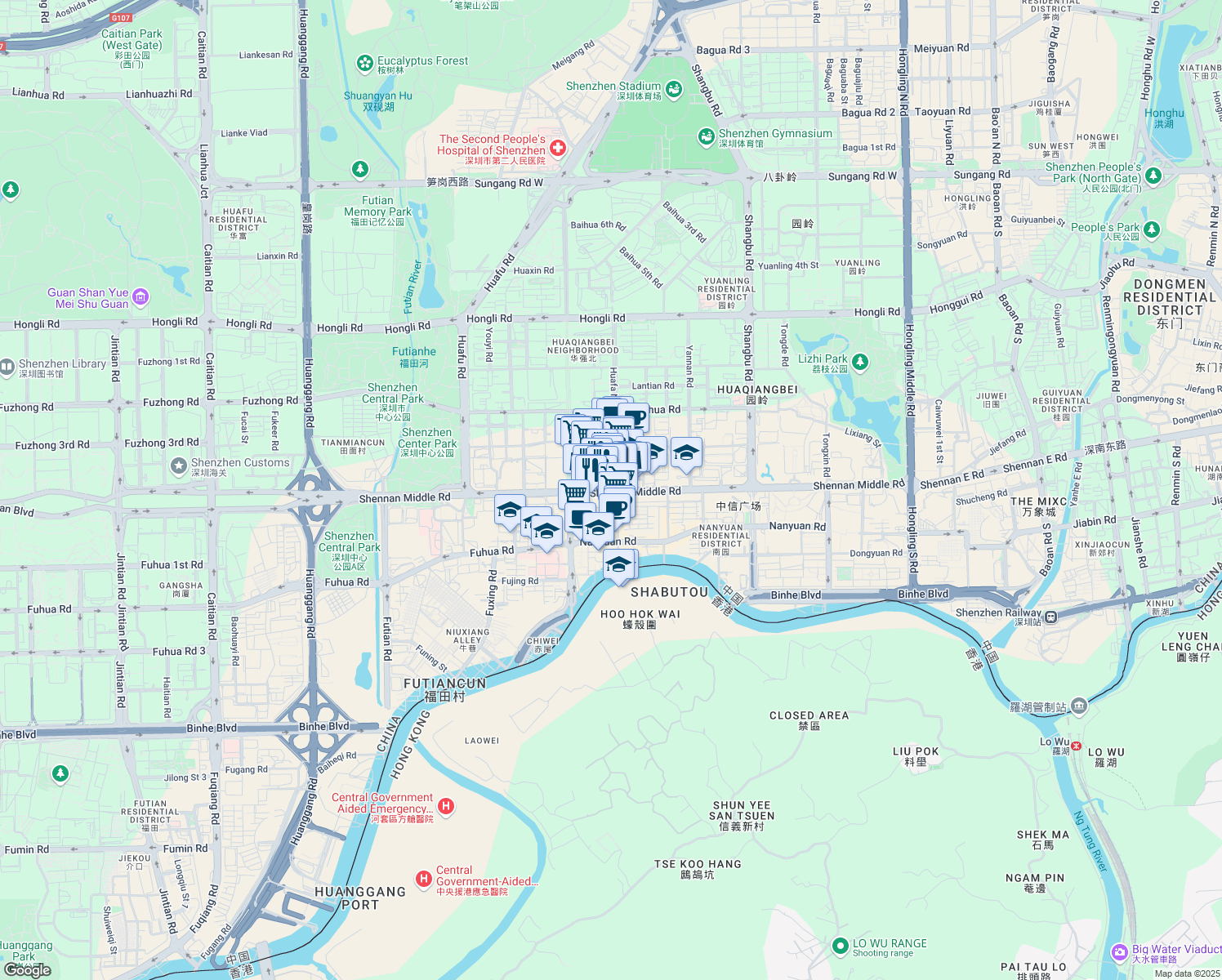 map of restaurants, bars, coffee shops, grocery stores, and more near Shen Nan Zhong Lu in Shen Zhen Shi