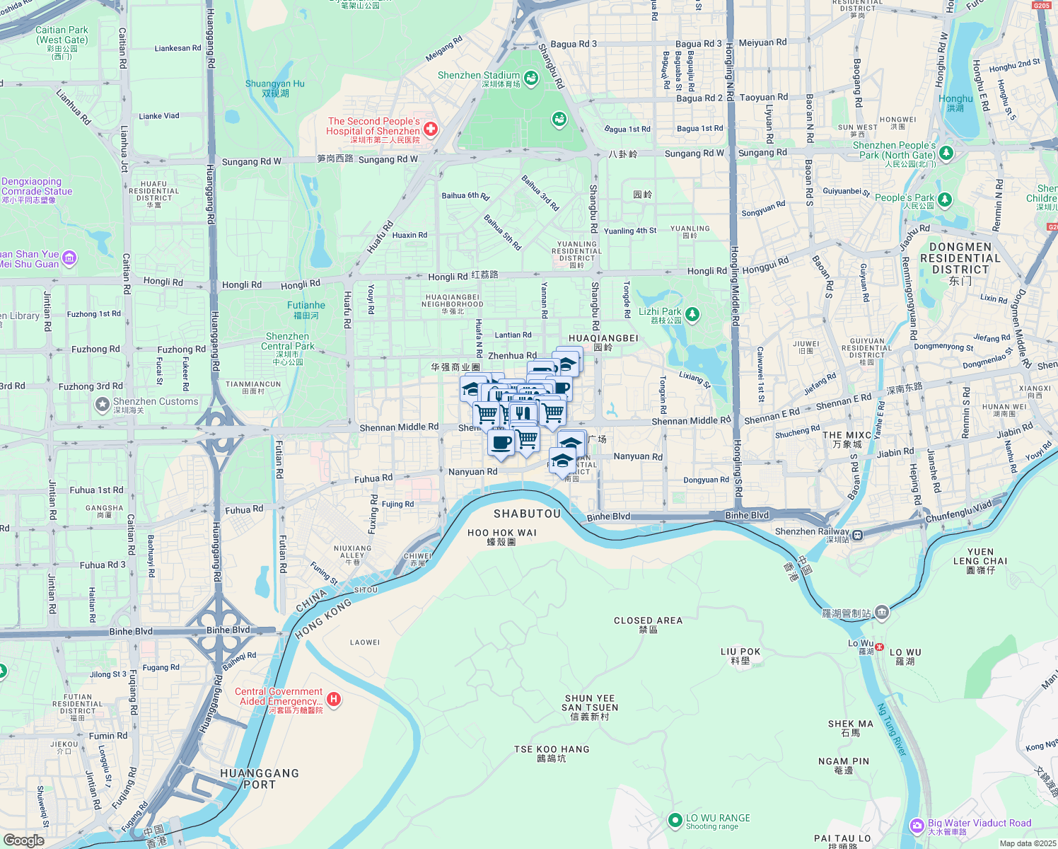 map of restaurants, bars, coffee shops, grocery stores, and more near Shen Nan Zhong Lu in Shenzhen Shi