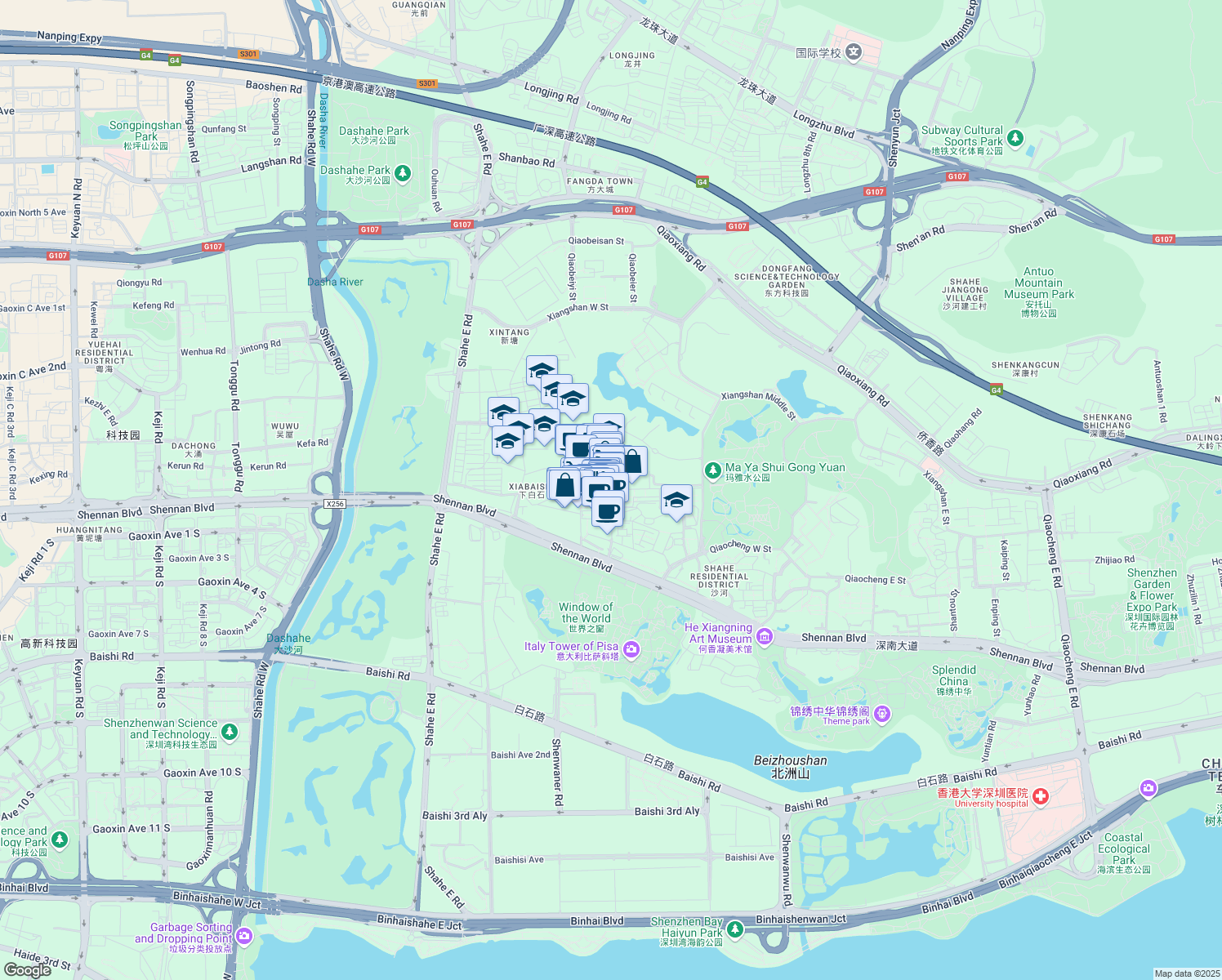 map of restaurants, bars, coffee shops, grocery stores, and more near Jin He Lu in Shen Zhen Shi