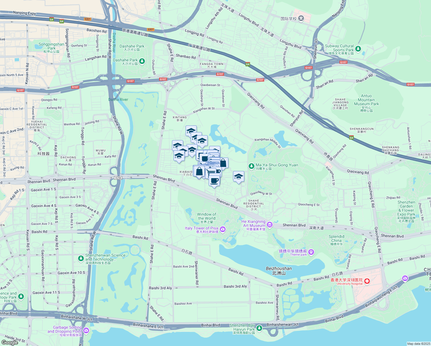 map of restaurants, bars, coffee shops, grocery stores, and more near Jin He Lu in Shen Zhen Shi