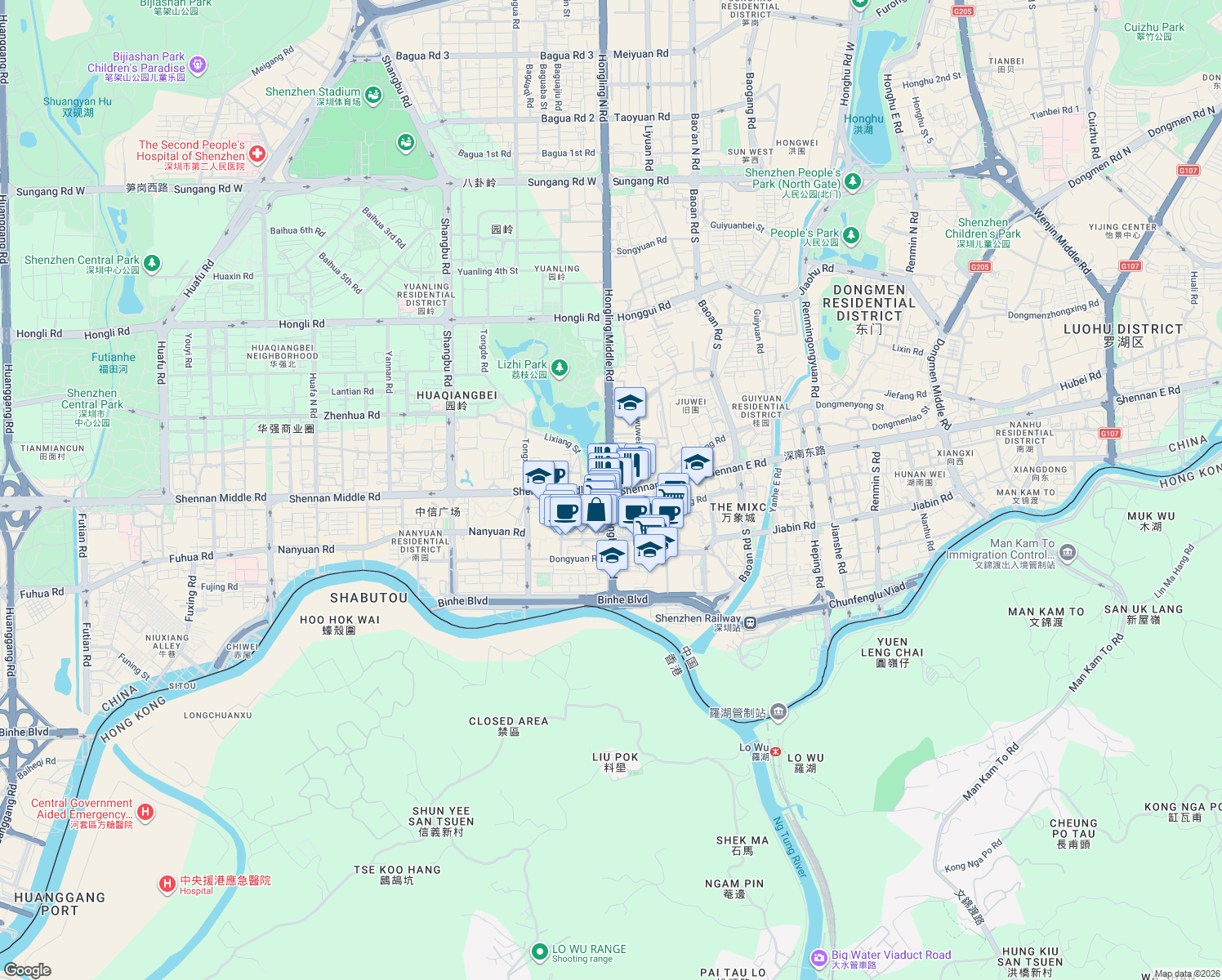 map of restaurants, bars, coffee shops, grocery stores, and more near Shen Nan Dong Lu in Shen Zhen Shi