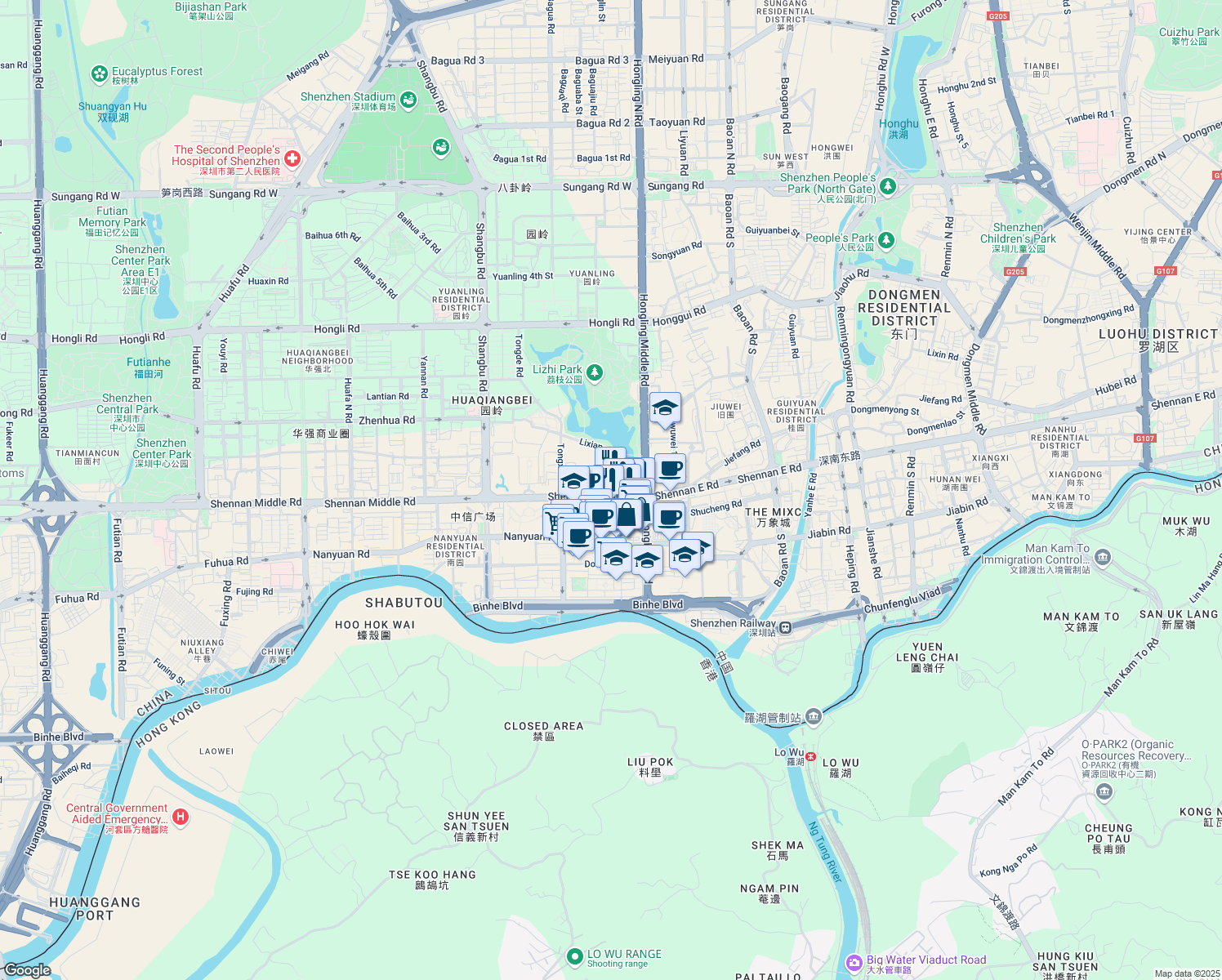 map of restaurants, bars, coffee shops, grocery stores, and more near Shen Nan Zhong Lu in Shen Zhen Shi