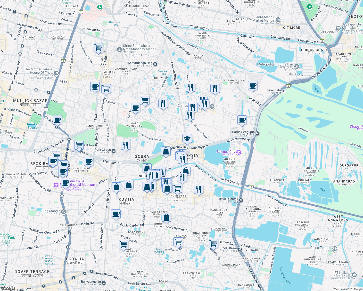 map of restaurants, bars, coffee shops, grocery stores, and more near 25 JBS Haldane Avenue in Kolkata