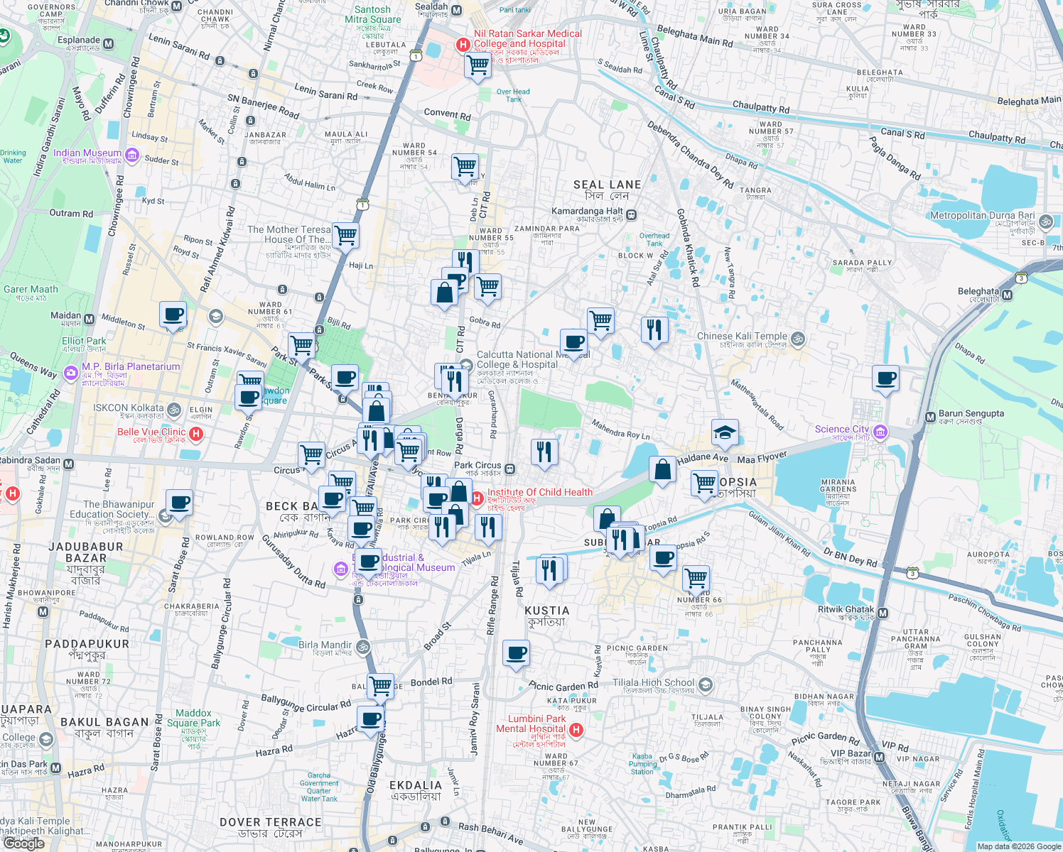 map of restaurants, bars, coffee shops, grocery stores, and more near Rai Charan Pal Lane in Kolkata