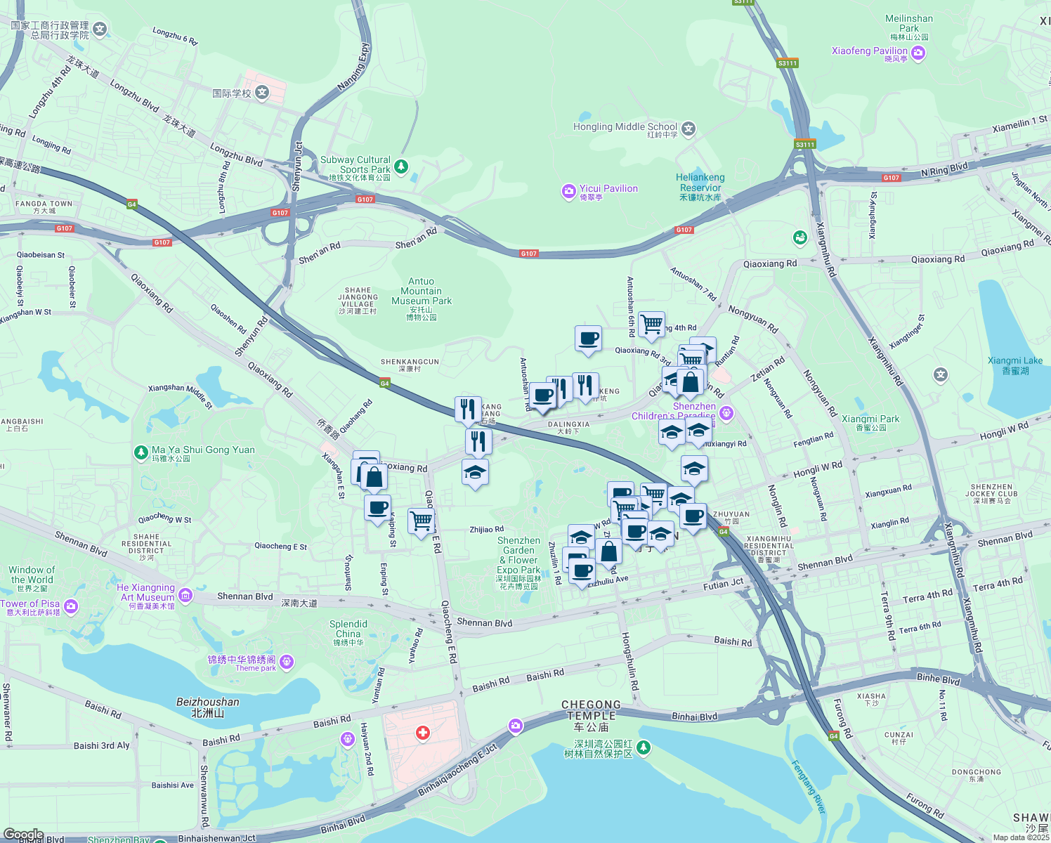 map of restaurants, bars, coffee shops, grocery stores, and more near Qiao Xiang Lu in Shen Zhen Shi