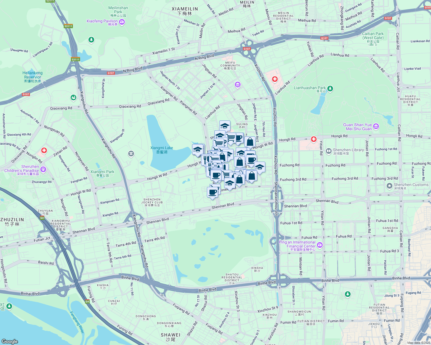 map of restaurants, bars, coffee shops, grocery stores, and more near 1050 Xiang Mei Lu in Shen Zhen Shi