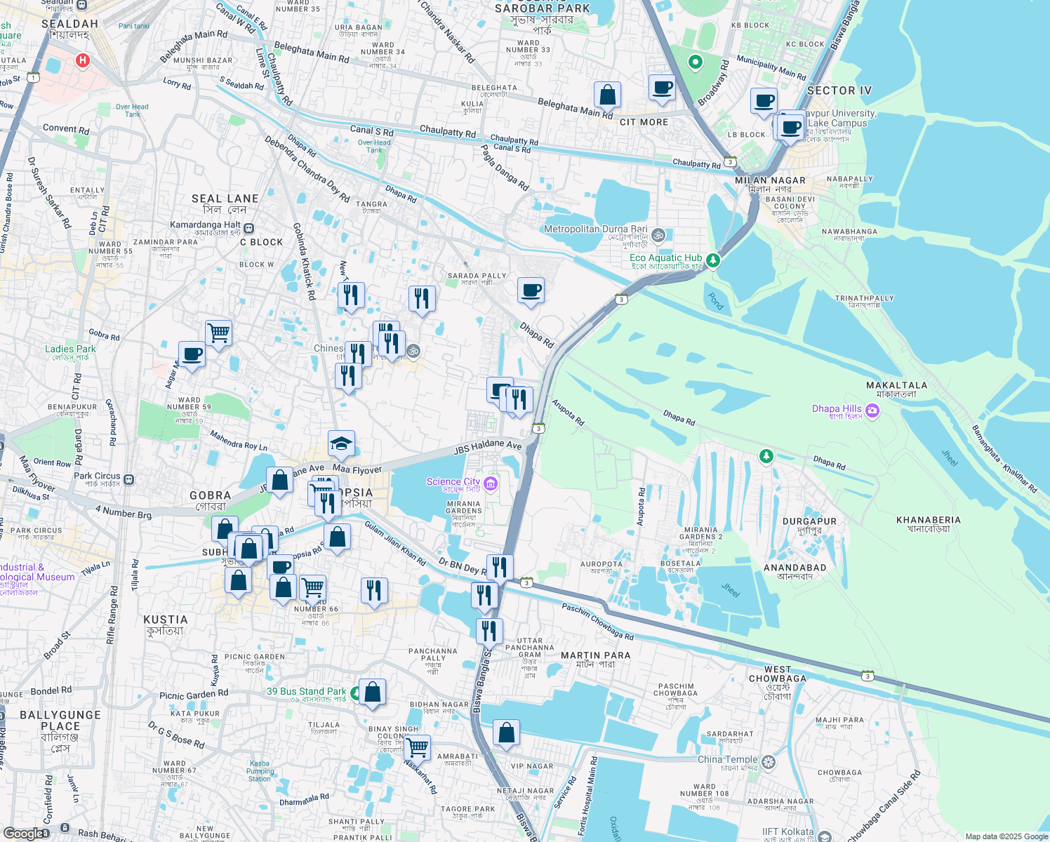 map of restaurants, bars, coffee shops, grocery stores, and more near 1 JBS Haldane Avenue in Kolkata