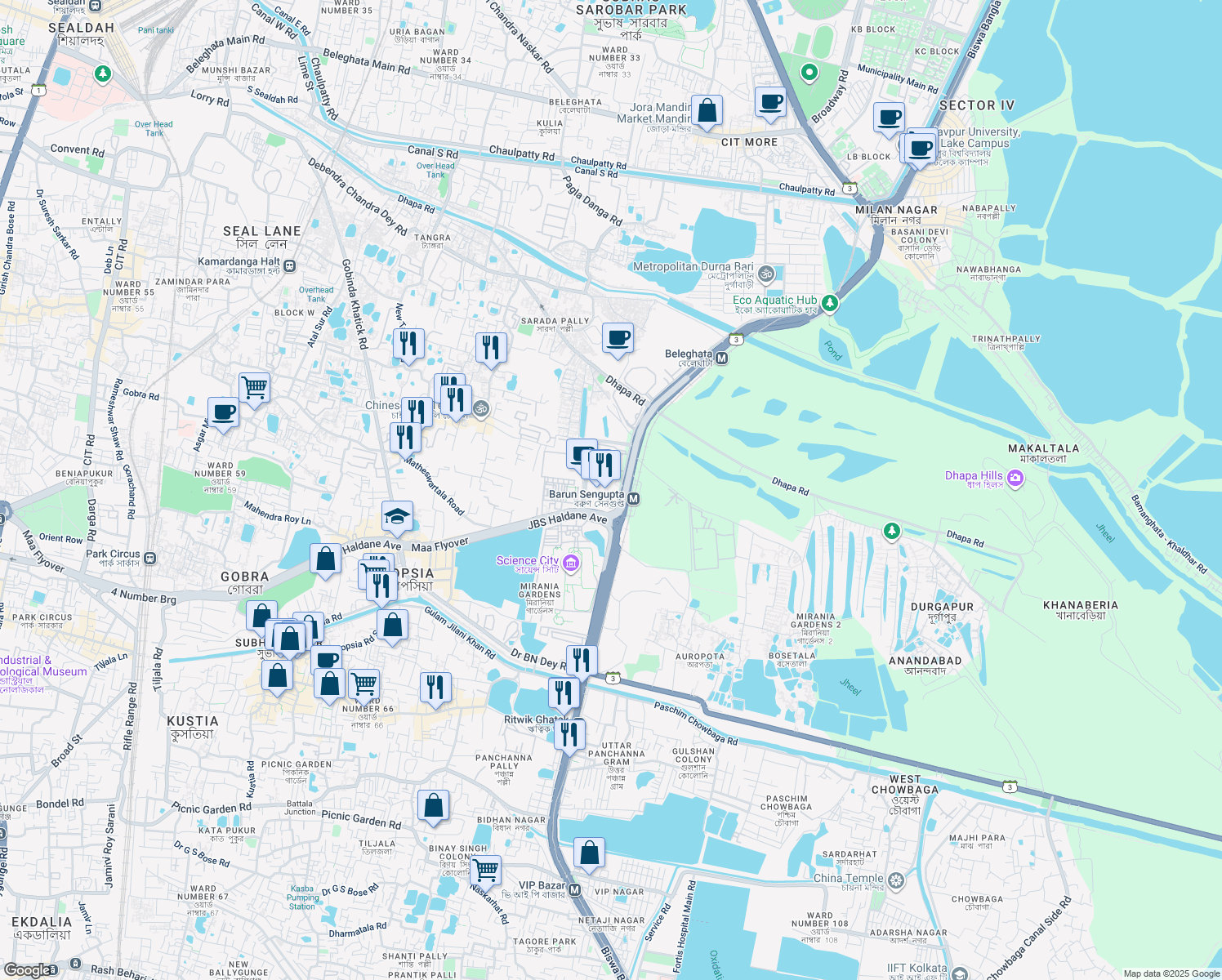 map of restaurants, bars, coffee shops, grocery stores, and more near 1 JBS Haldane Avenue in Kolkata