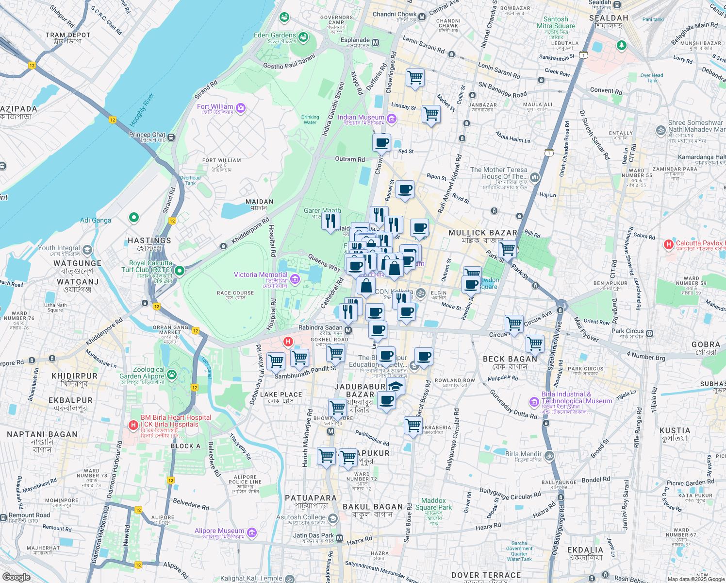 map of restaurants, bars, coffee shops, grocery stores, and more near 2 Lord Sinha Road in Kolkata