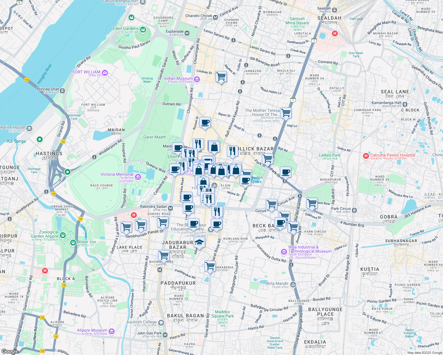 map of restaurants, bars, coffee shops, grocery stores, and more near 10 Hungerford Street in Kolkata