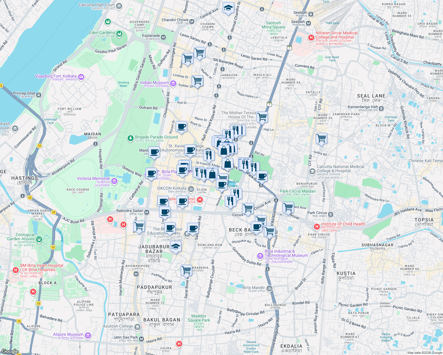 map of restaurants, bars, coffee shops, grocery stores, and more near 4 Robinson Street in Kolkata