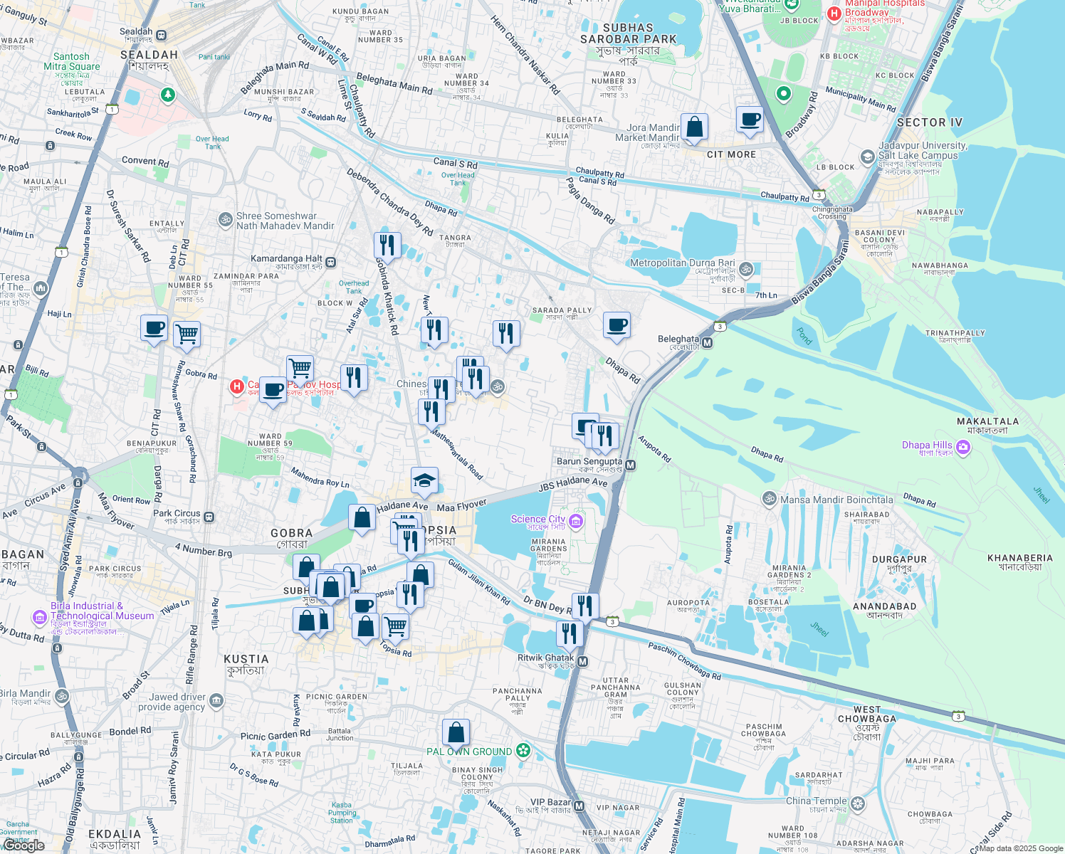 map of restaurants, bars, coffee shops, grocery stores, and more near Matheswartala Road in Kolkata