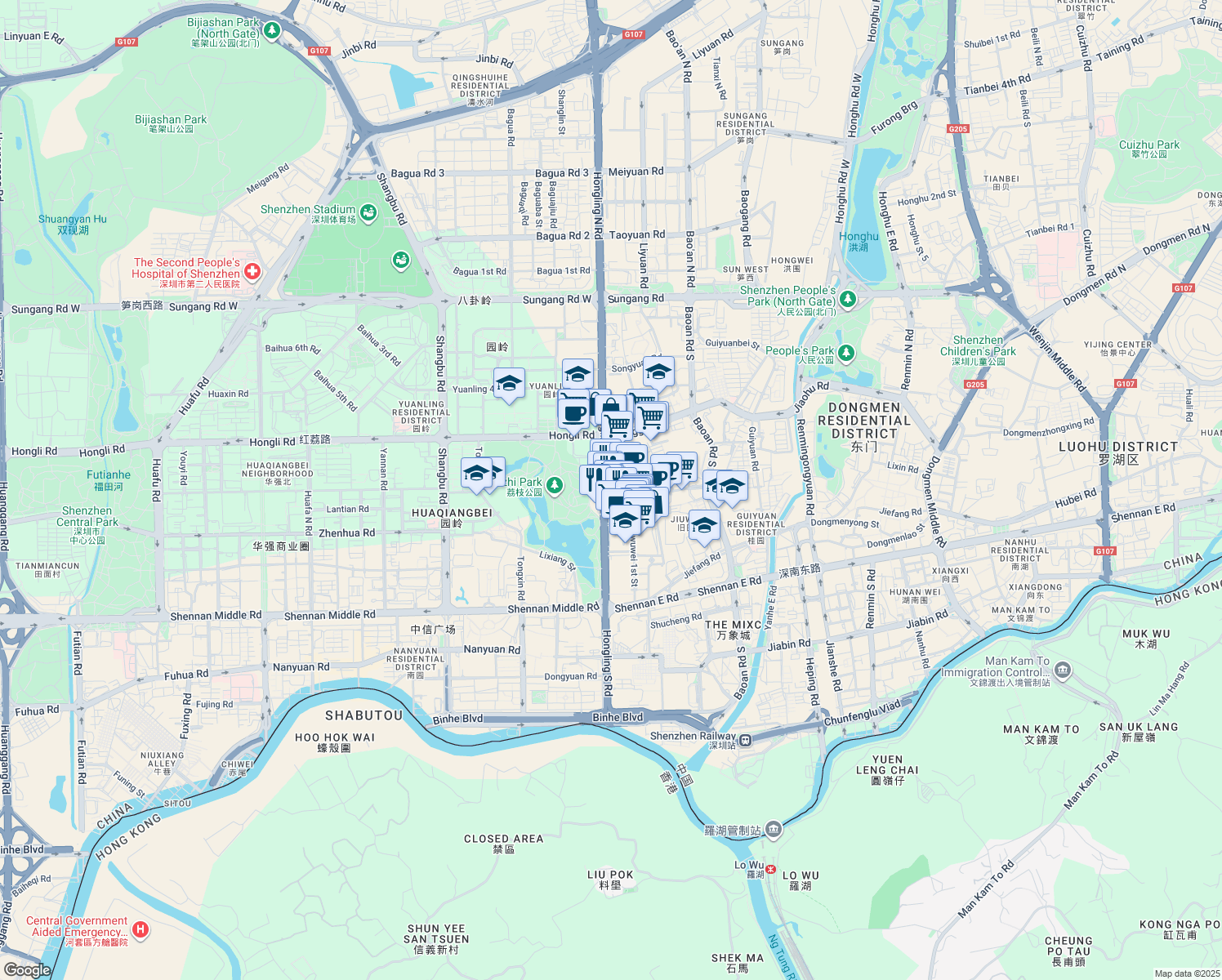 map of restaurants, bars, coffee shops, grocery stores, and more near Hong Ling Zhong Lu in Shen Zhen Shi