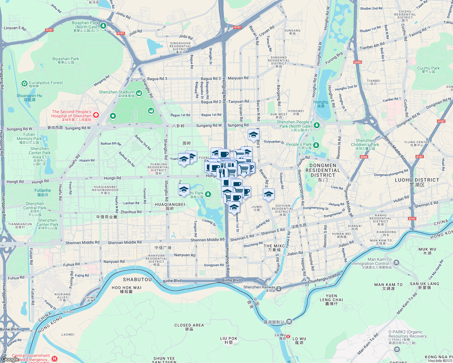 map of restaurants, bars, coffee shops, grocery stores, and more near Hong Ling Zhong Lu in Shen Zhen Shi
