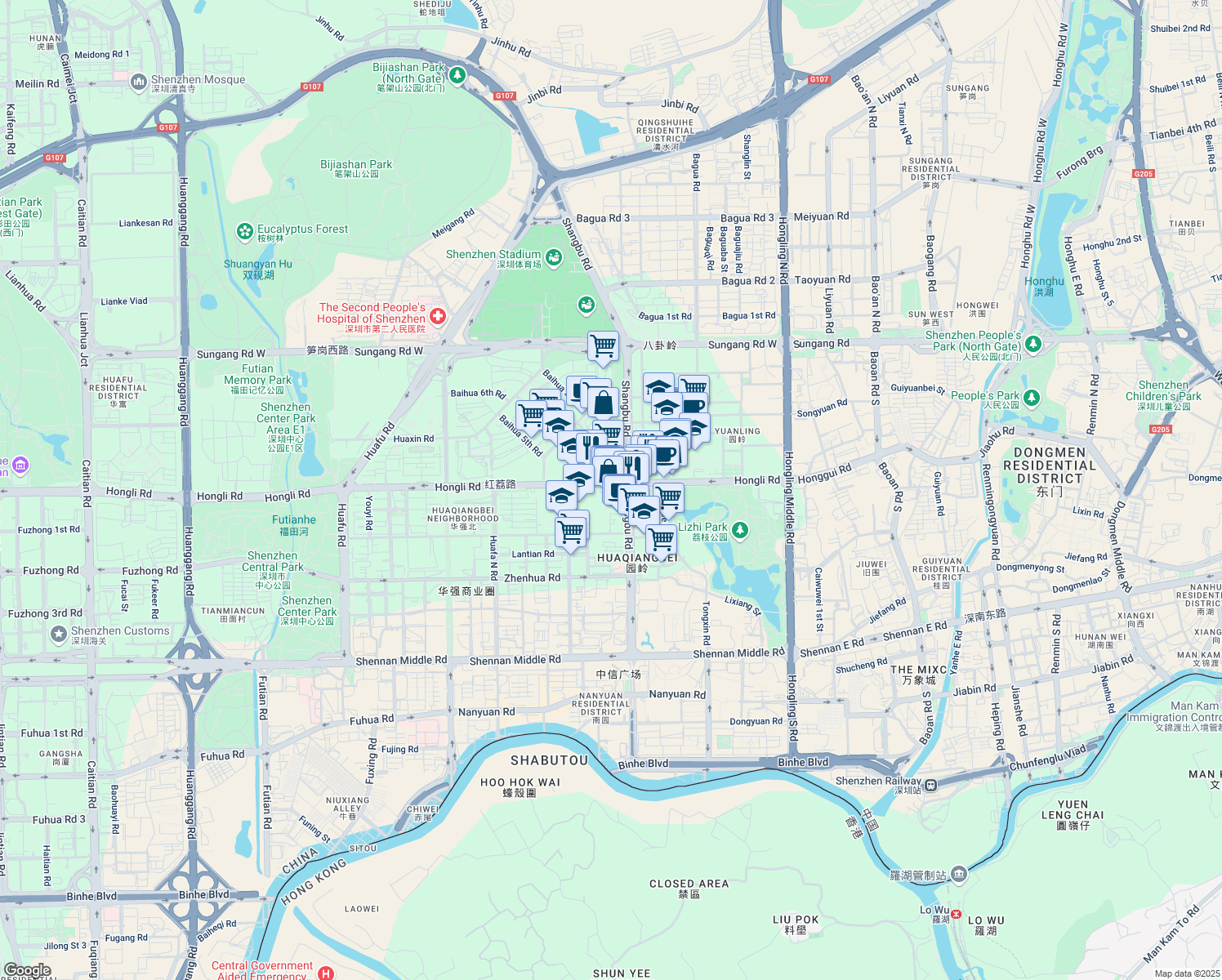 map of restaurants, bars, coffee shops, grocery stores, and more near 2001 Hong Li Lu in Shen Zhen Shi