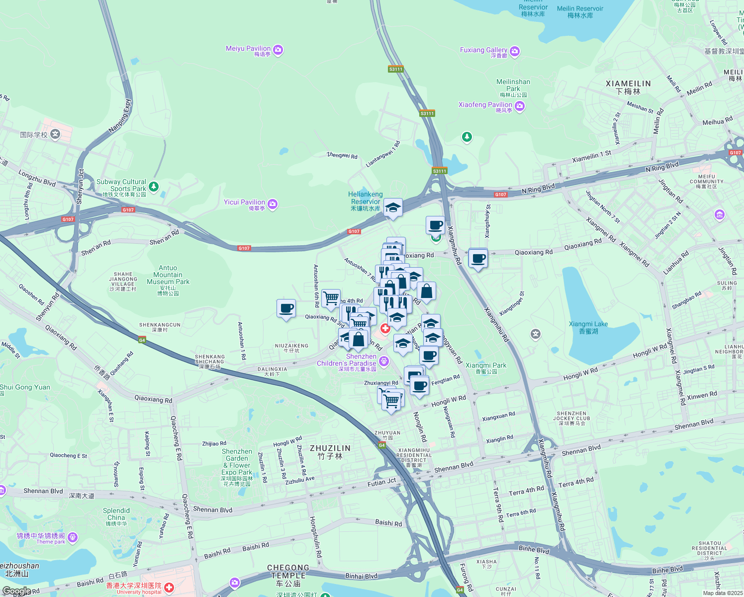 map of restaurants, bars, coffee shops, grocery stores, and more near Qiao Xiang Lu in Shen Zhen Shi