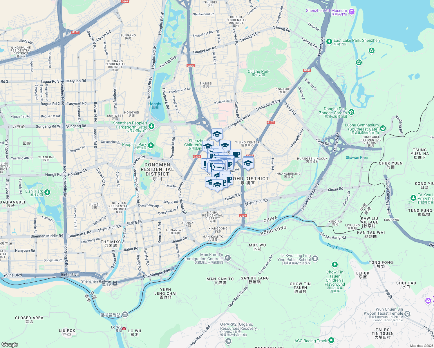 map of restaurants, bars, coffee shops, grocery stores, and more near Dong Men Zhong Xing Lu in Shen Zhen Shi