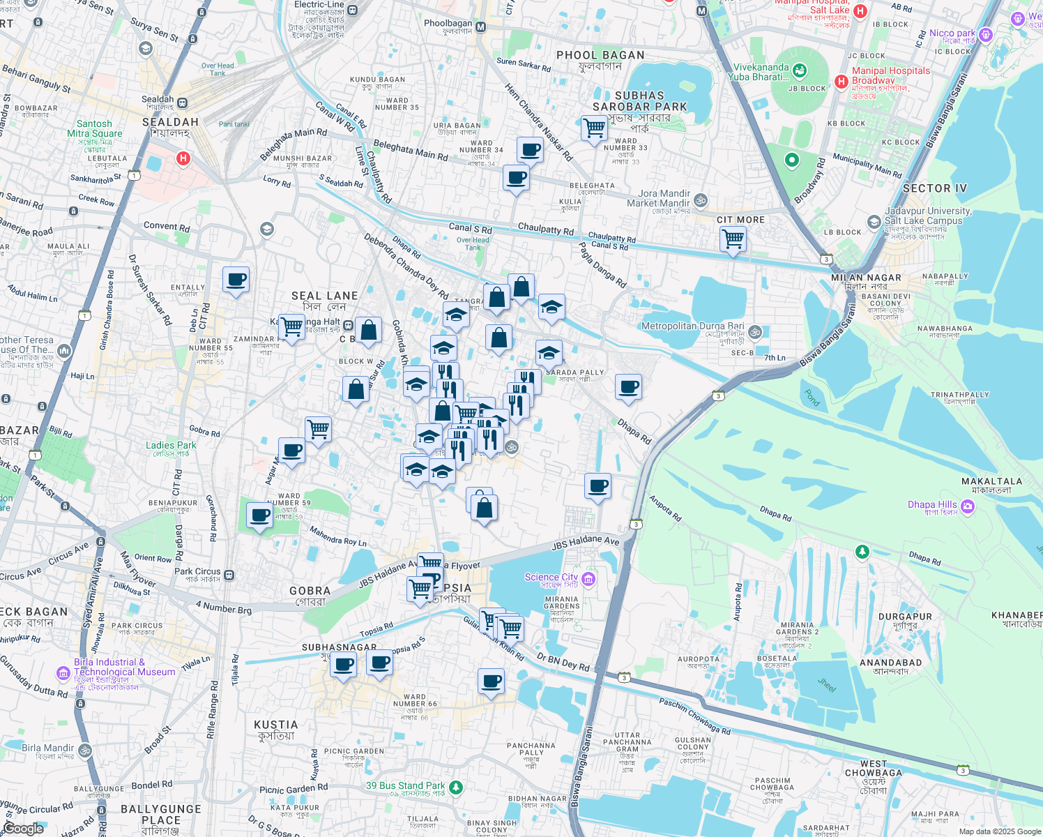 map of restaurants, bars, coffee shops, grocery stores, and more near Matheswartala Road in Kolkata