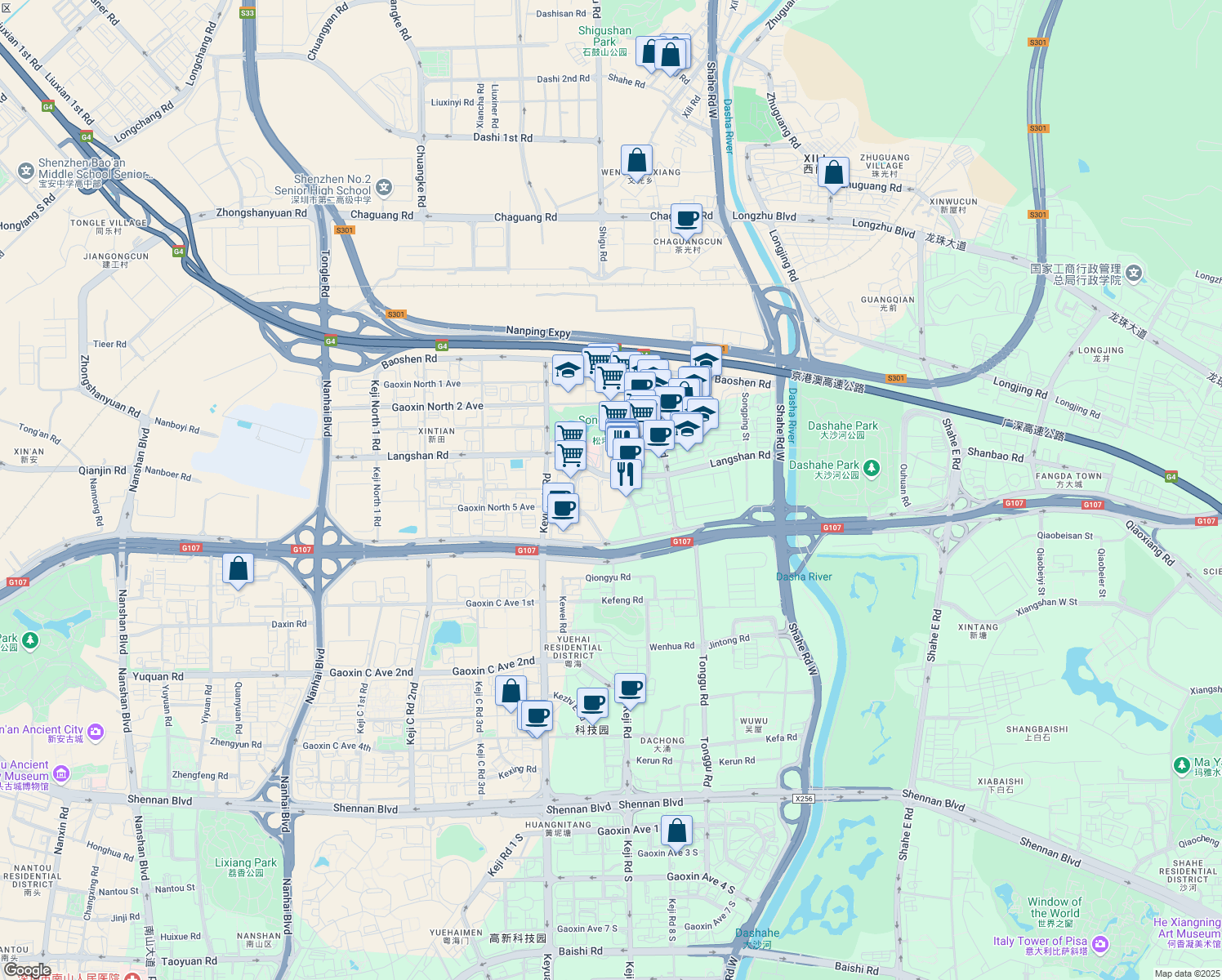 map of restaurants, bars, coffee shops, grocery stores, and more near 11 Lang Shan Lu in Shen Zhen Shi