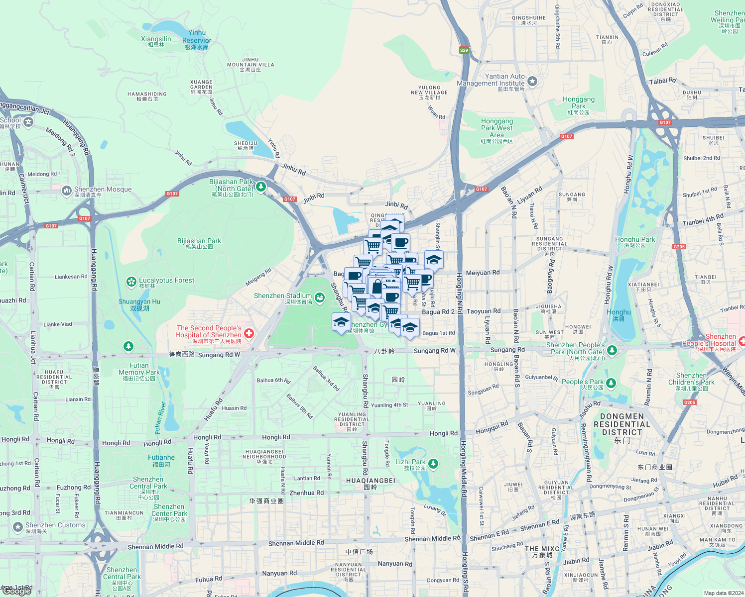 map of restaurants, bars, coffee shops, grocery stores, and more near Niu Zai Jie in Shenzhen Shi