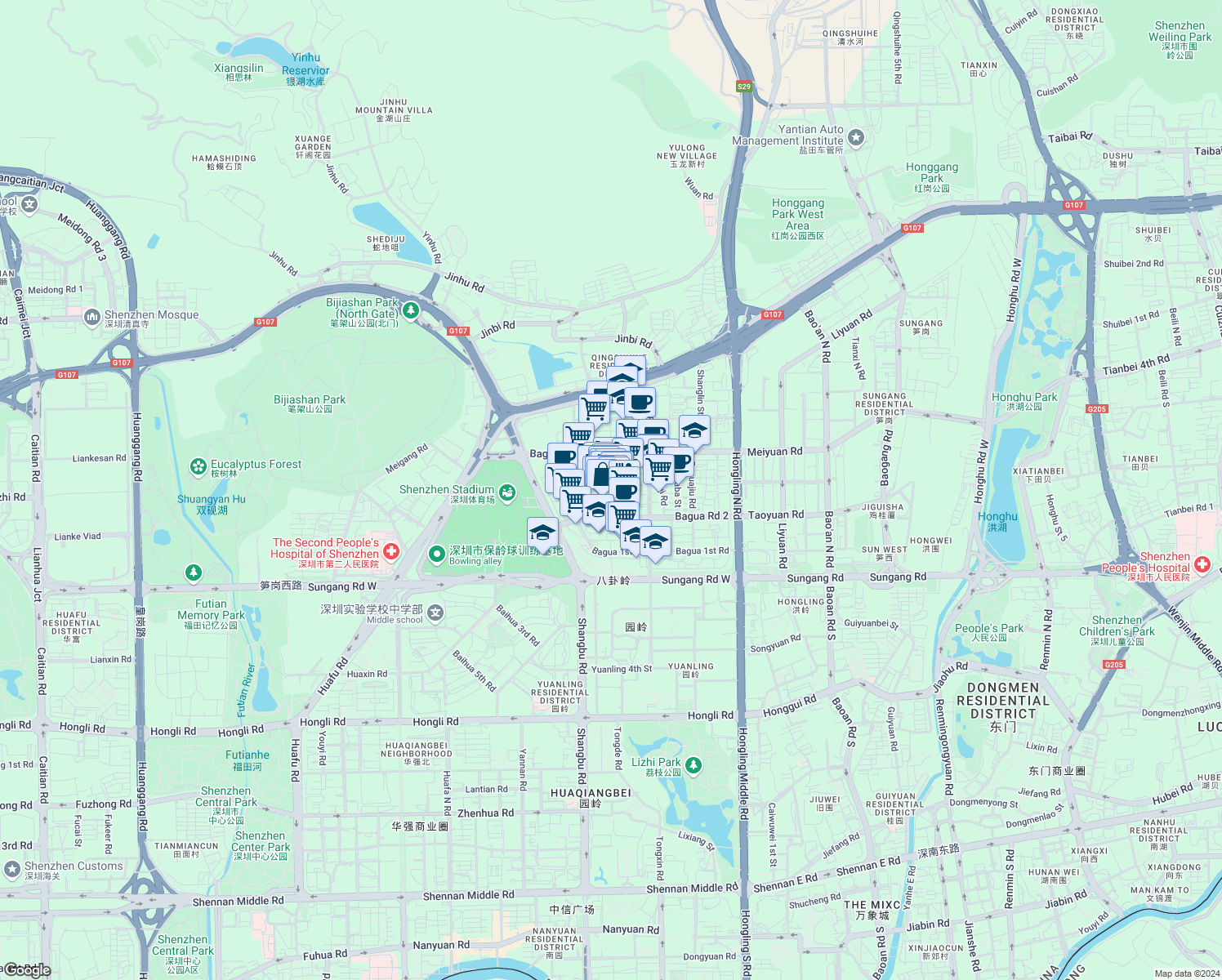 map of restaurants, bars, coffee shops, grocery stores, and more near Niu Zai Jie in Shen Zhen Shi