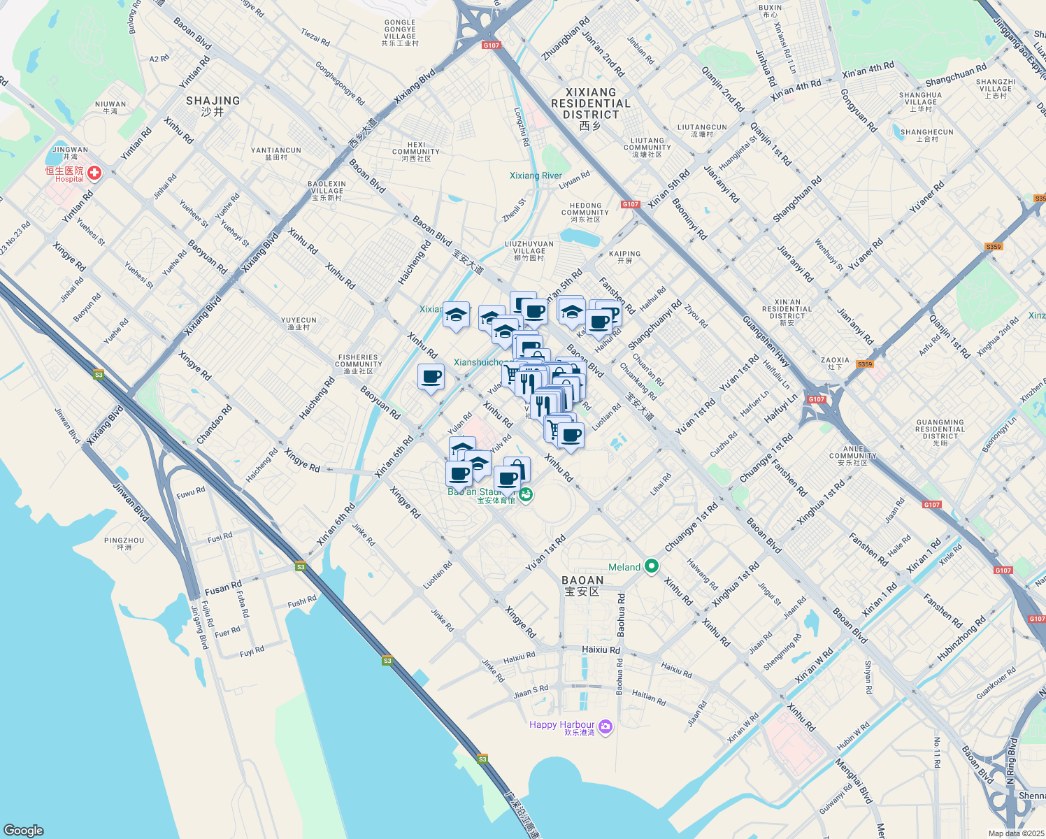 map of restaurants, bars, coffee shops, grocery stores, and more near Yu Lv Lu in Shen Zhen Shi