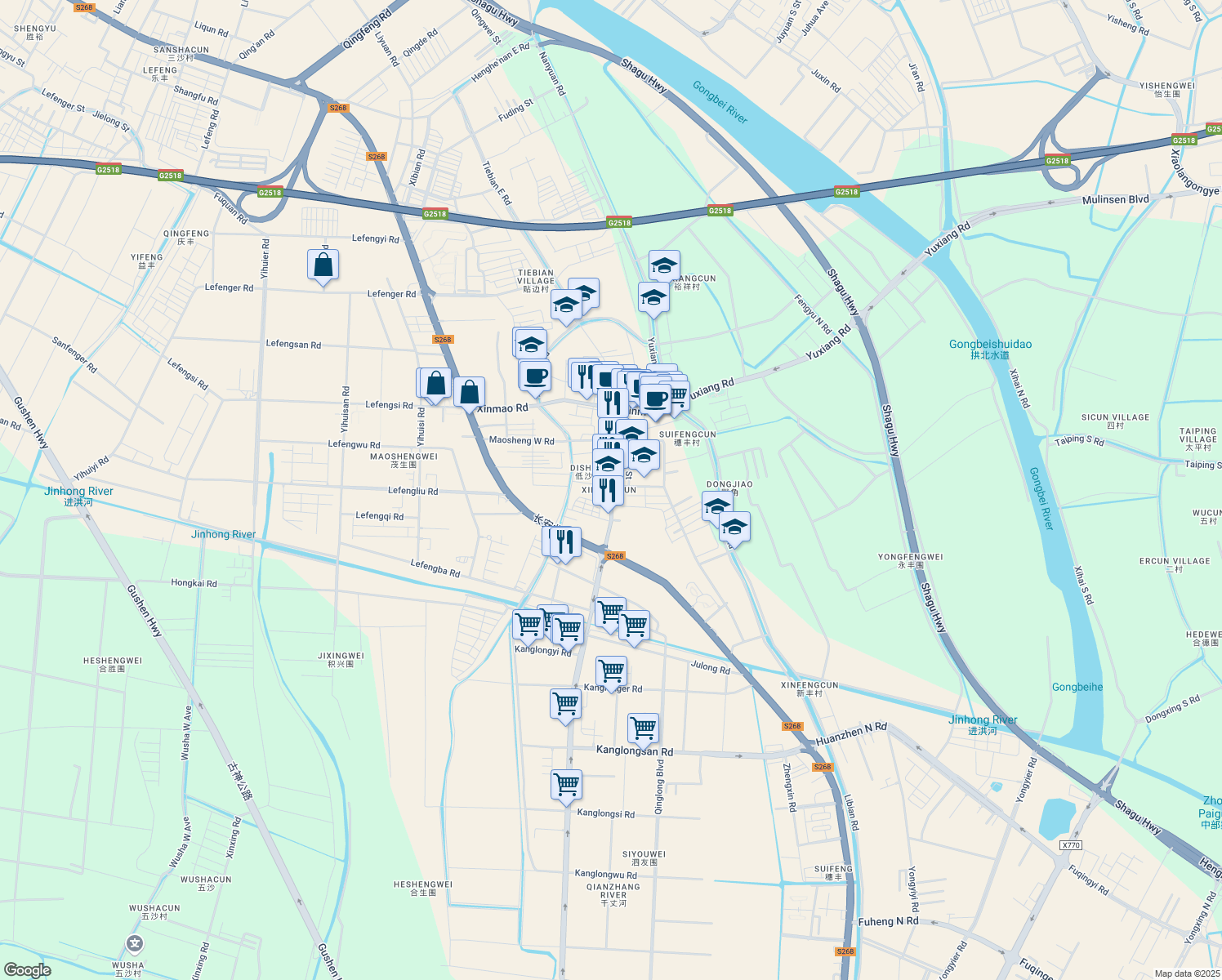 map of restaurants, bars, coffee shops, grocery stores, and more near De Long Lu in Zhong Shan Shi