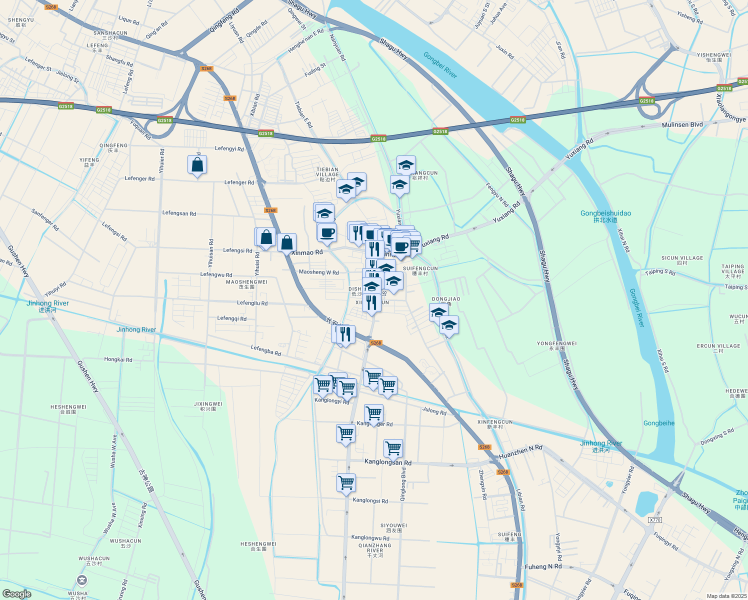 map of restaurants, bars, coffee shops, grocery stores, and more near De Long Lu in Zhong Shan Shi