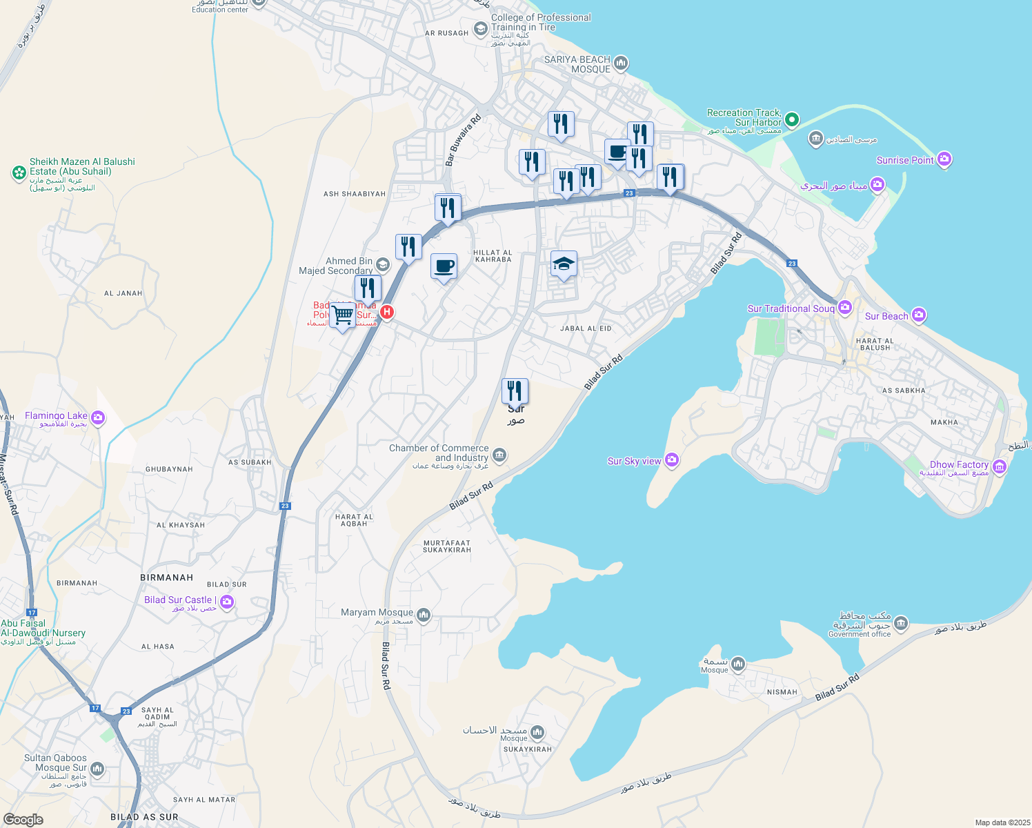 map of restaurants, bars, coffee shops, grocery stores, and more near in Sur