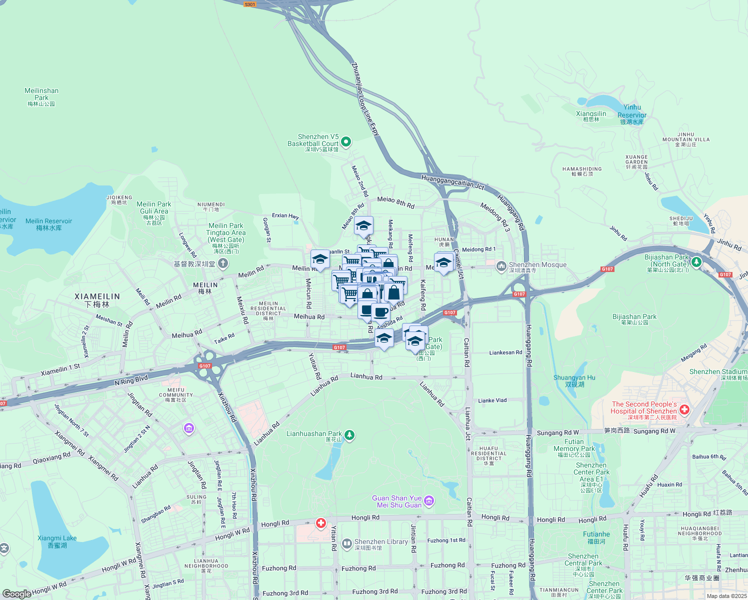 map of restaurants, bars, coffee shops, grocery stores, and more near 30-1 Guang Xia Lu in Shen Zhen Shi