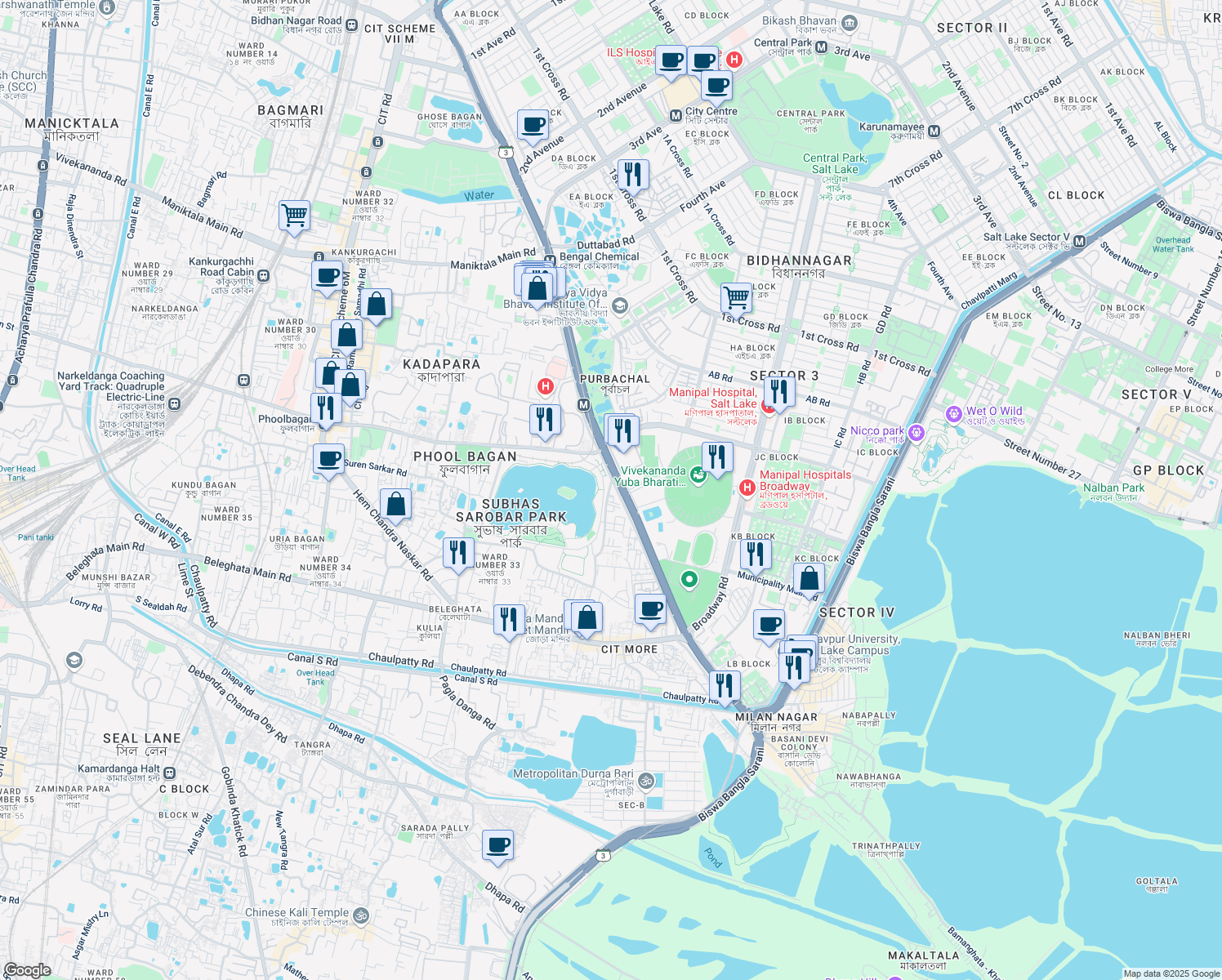 map of restaurants, bars, coffee shops, grocery stores, and more near 35J Radha Madhab Dutta Garden Lane in Kolkata