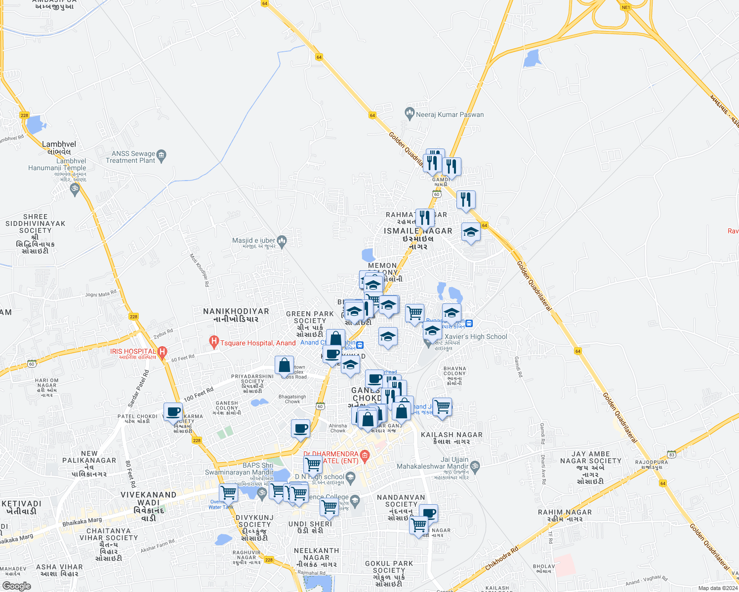 map of restaurants, bars, coffee shops, grocery stores, and more near in Anand