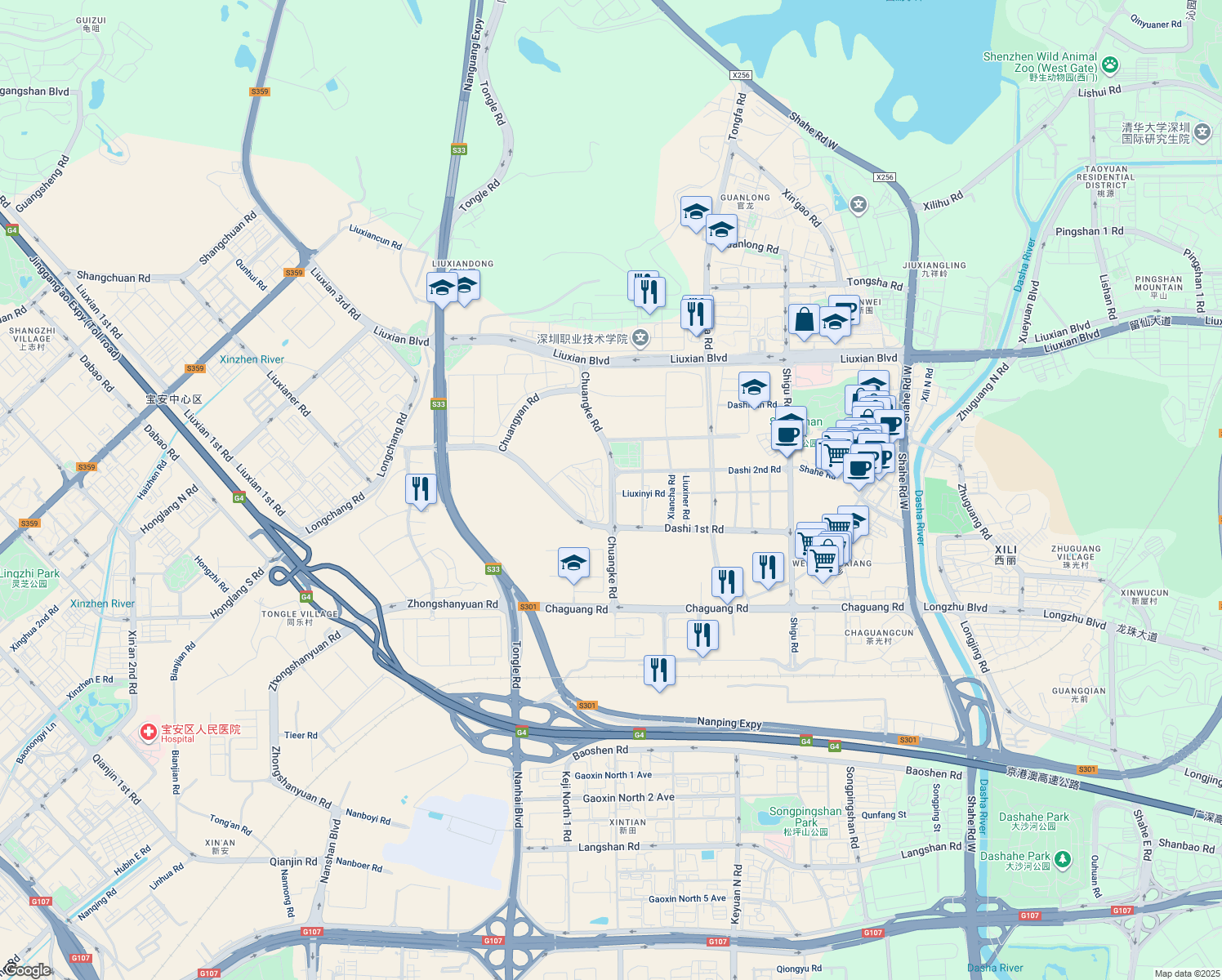 map of restaurants, bars, coffee shops, grocery stores, and more near Chuang Ke Lu in Shen Zhen Shi