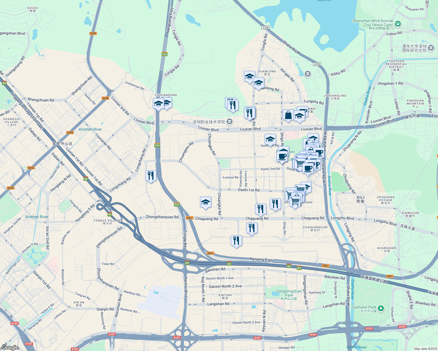 map of restaurants, bars, coffee shops, grocery stores, and more near Chuang Ke Lu in Shen Zhen Shi