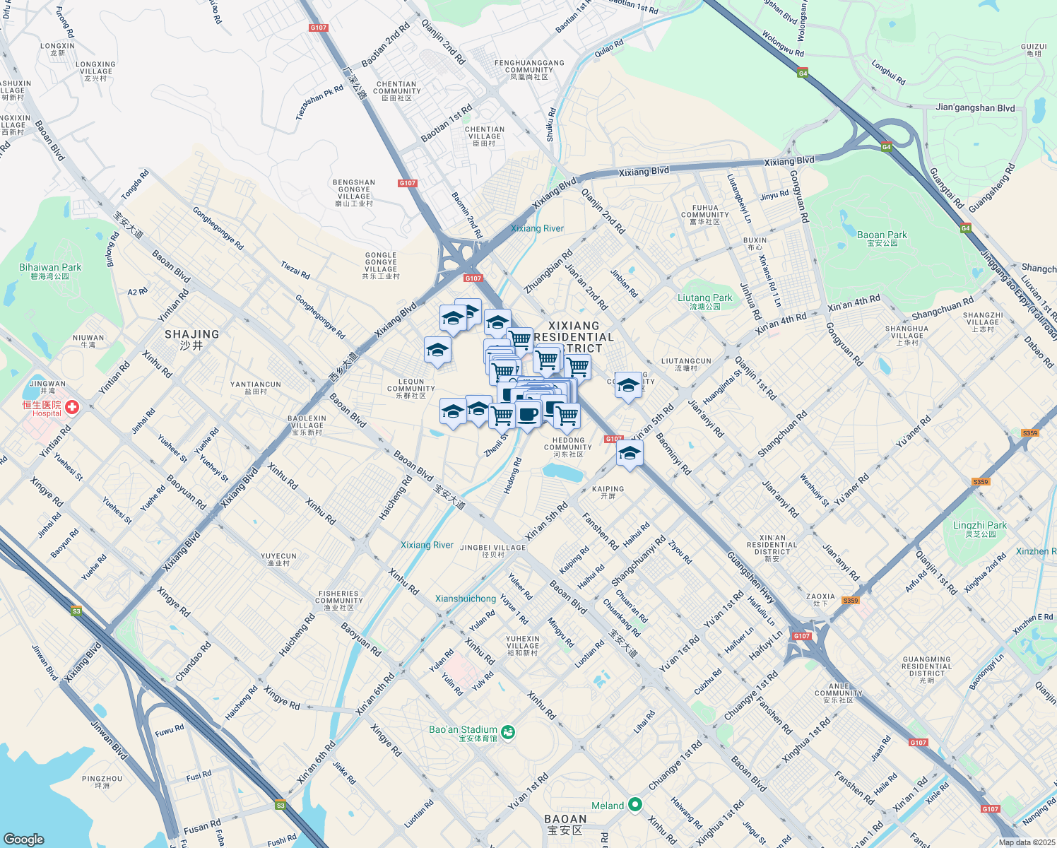 map of restaurants, bars, coffee shops, grocery stores, and more near Fu Cheng Lu in Shen Zhen Shi