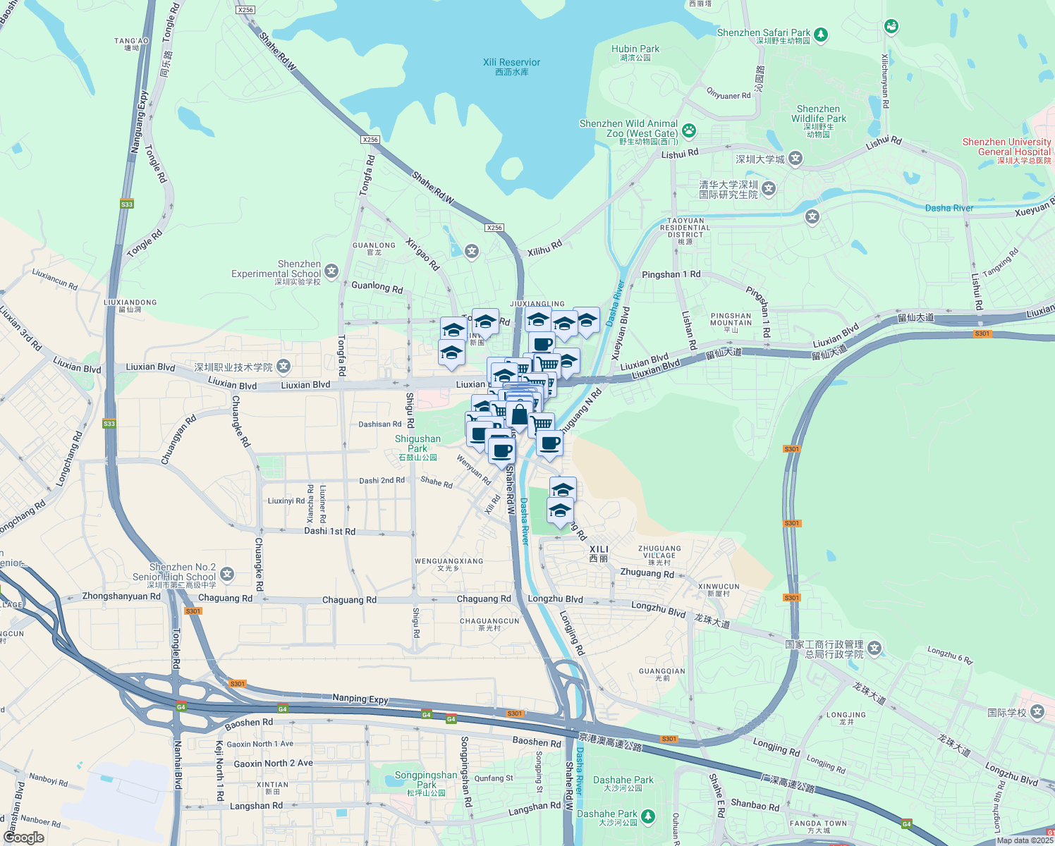 map of restaurants, bars, coffee shops, grocery stores, and more near Xi Li Bei Lu in Shen Zhen Shi