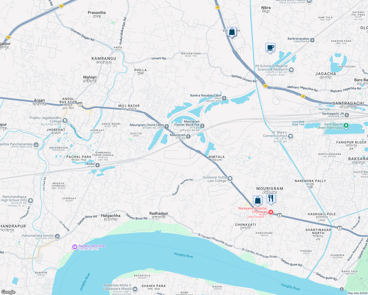 map of restaurants, bars, coffee shops, grocery stores, and more near in Howrah