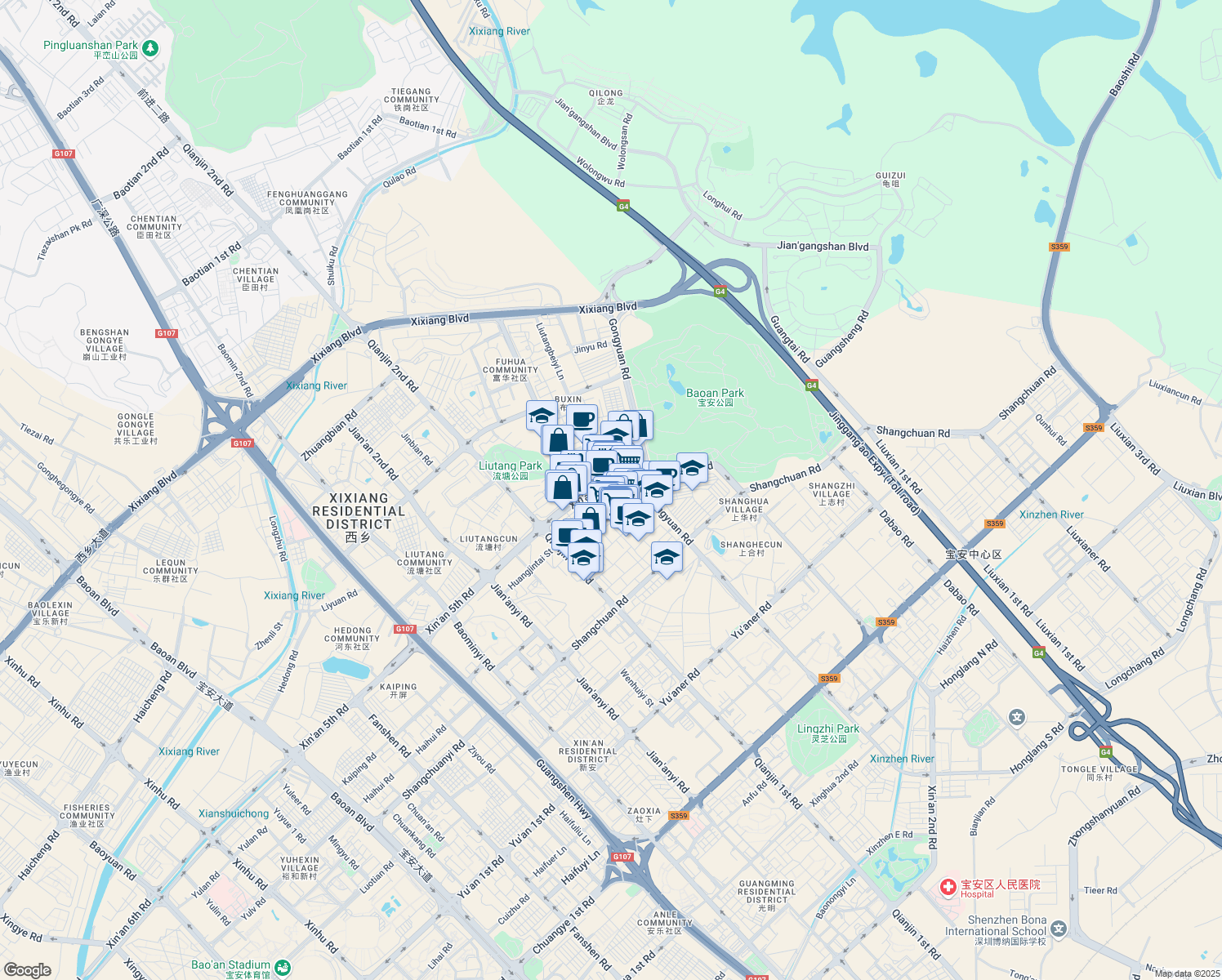 map of restaurants, bars, coffee shops, grocery stores, and more near Xin An Si Lu in Shen Zhen Shi